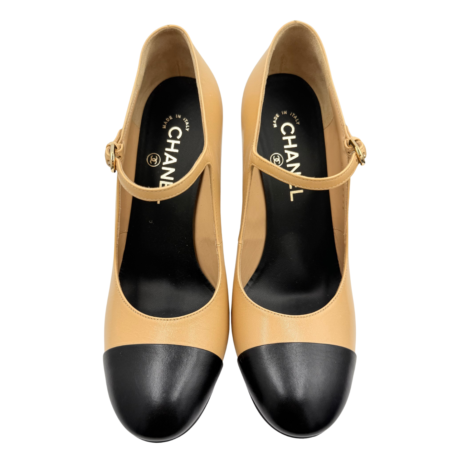 Chanel Shiny Goatskin Pearls Cap Toe Open Slingback Block Heel Pumps Beige Black