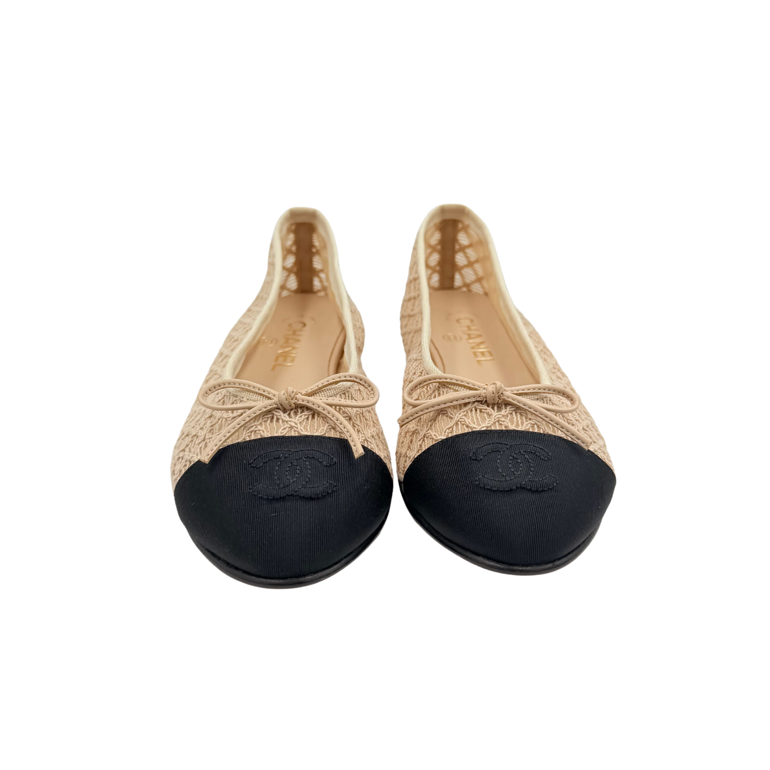 Chanel Mesh Crochet Grosgrain Cap Toe Ballerina Flats Beige Black Size 38
