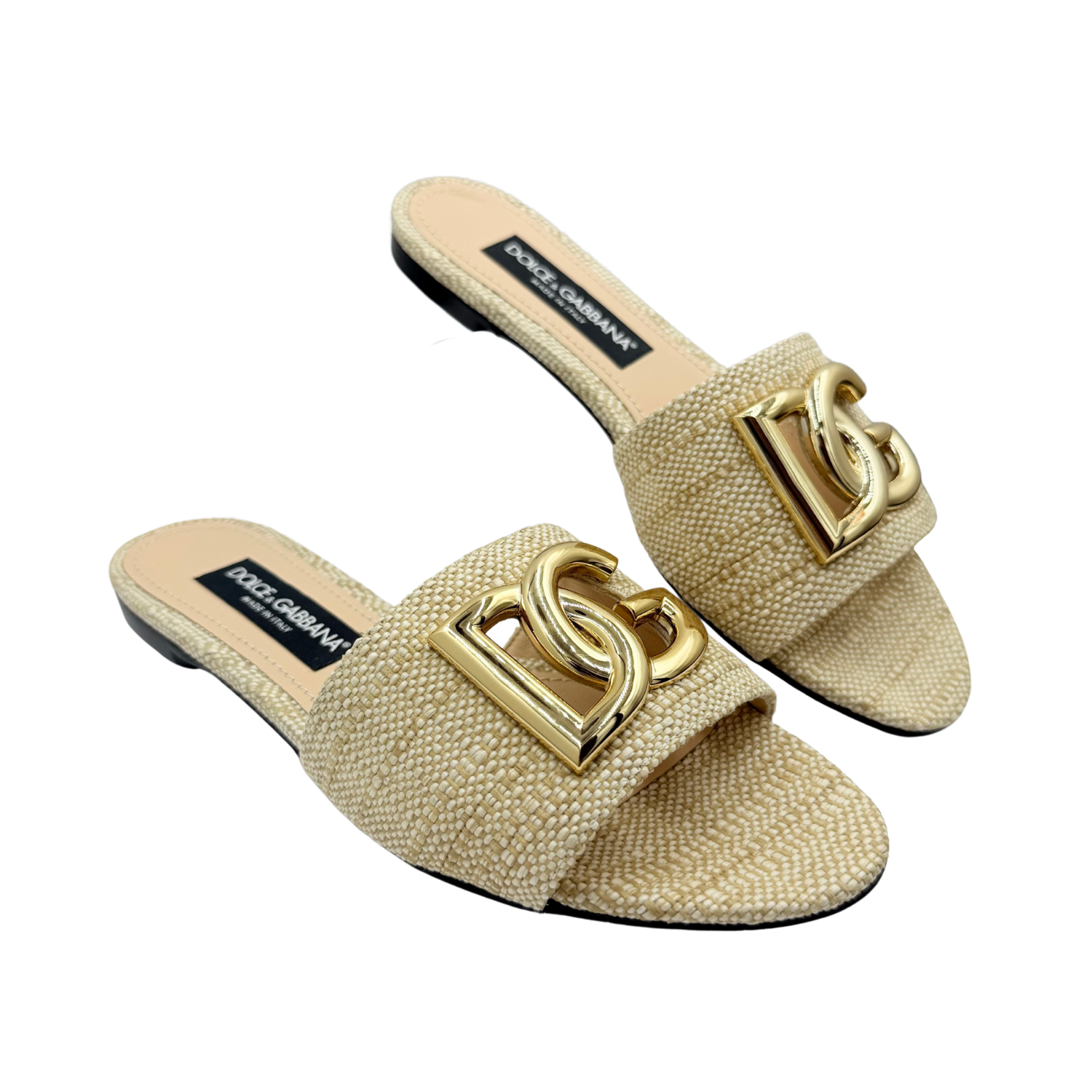 Dolce and Gabbana Raffia Sliders Beige