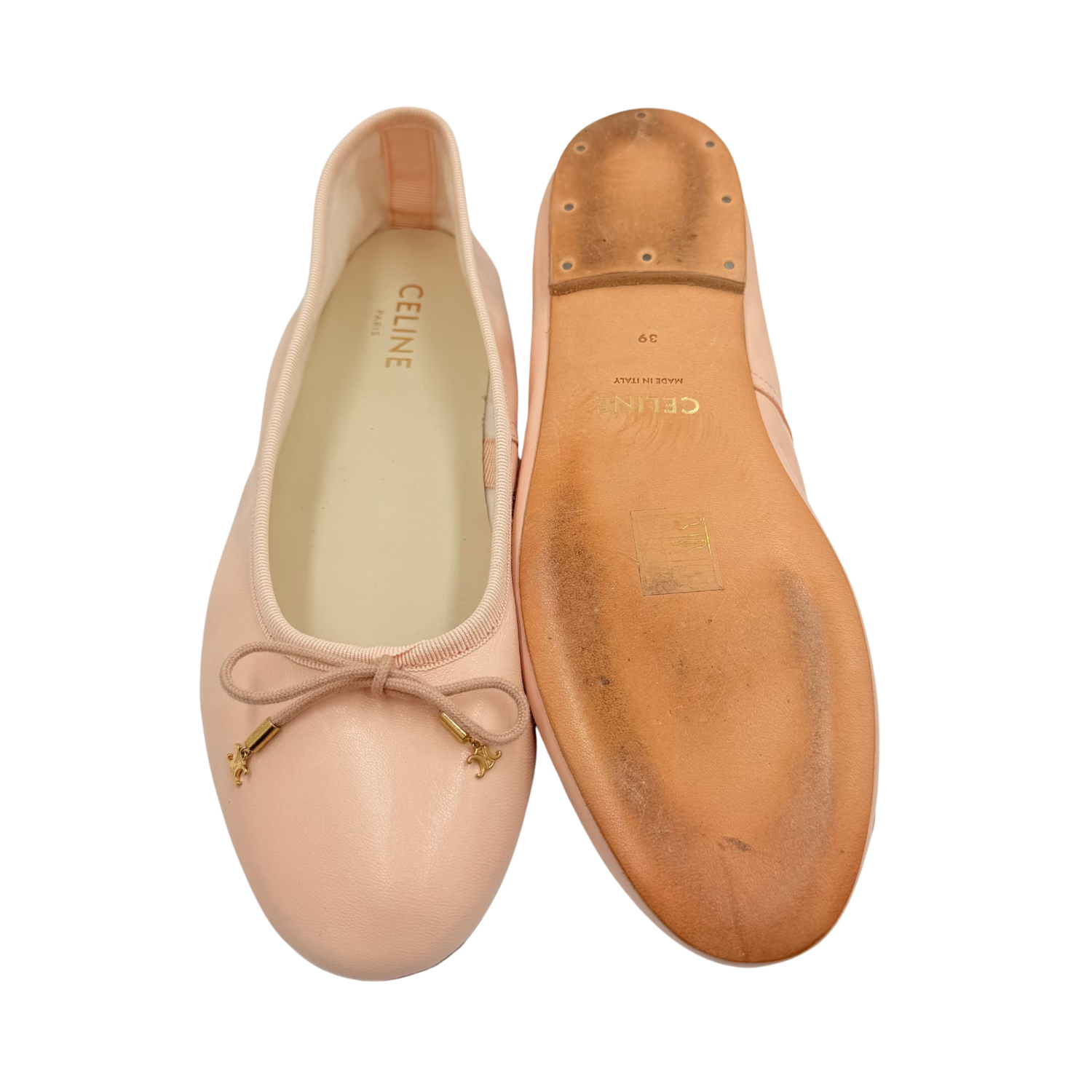 Celine Leather Bow Accents Ballet Flats Blush Pink