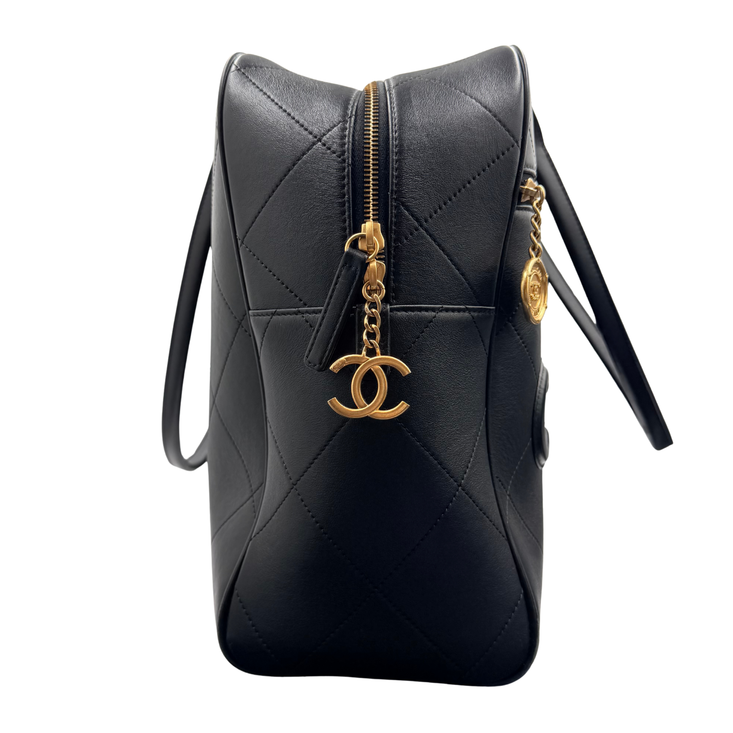 Chanel Quilted Calfskin Maxi Logo Bowling Bag Black