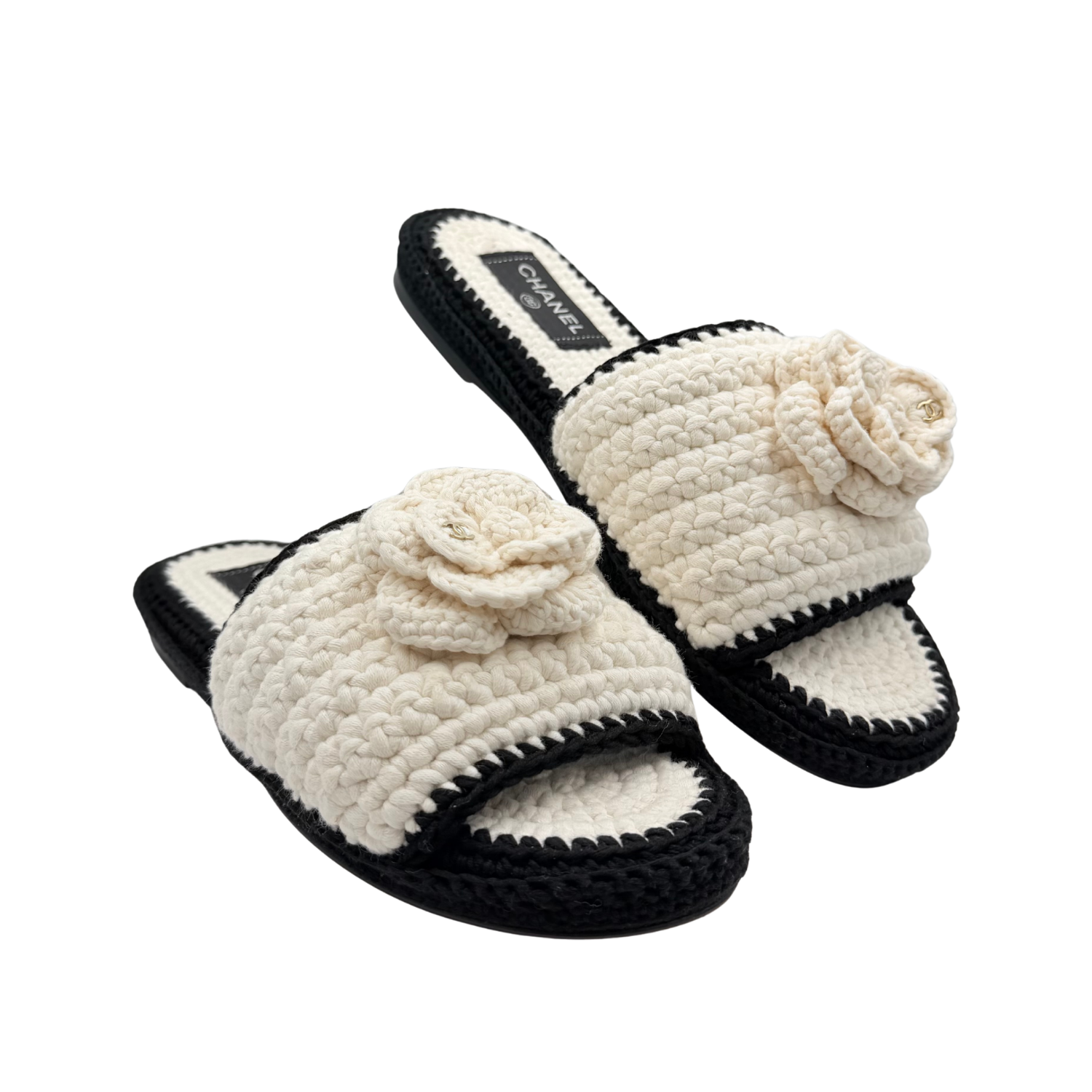Chanel Crochet Interlocking CC Macrome Camelia Slides Cream