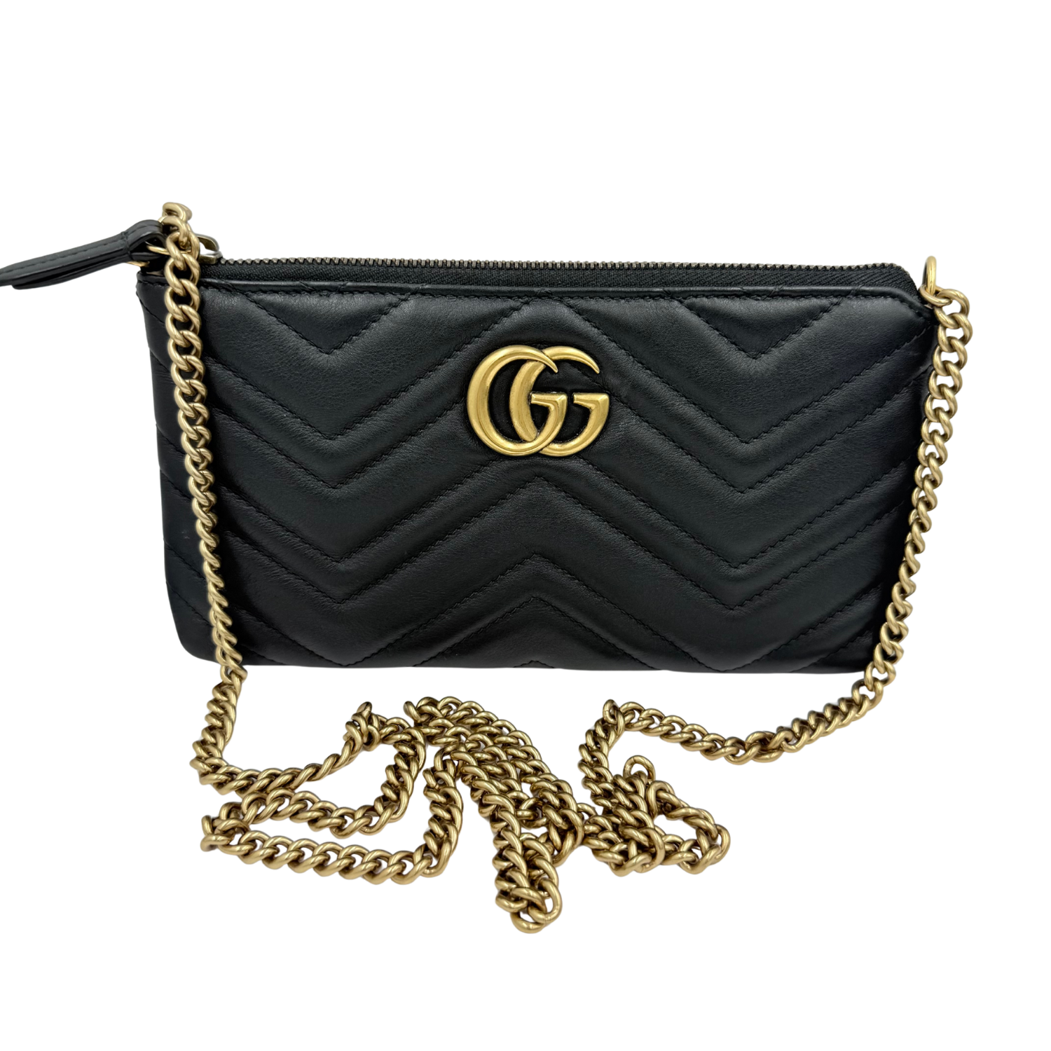 Gucci Calfskin Matelasse Mini GG Marmont Wallet on Chain Bag Black