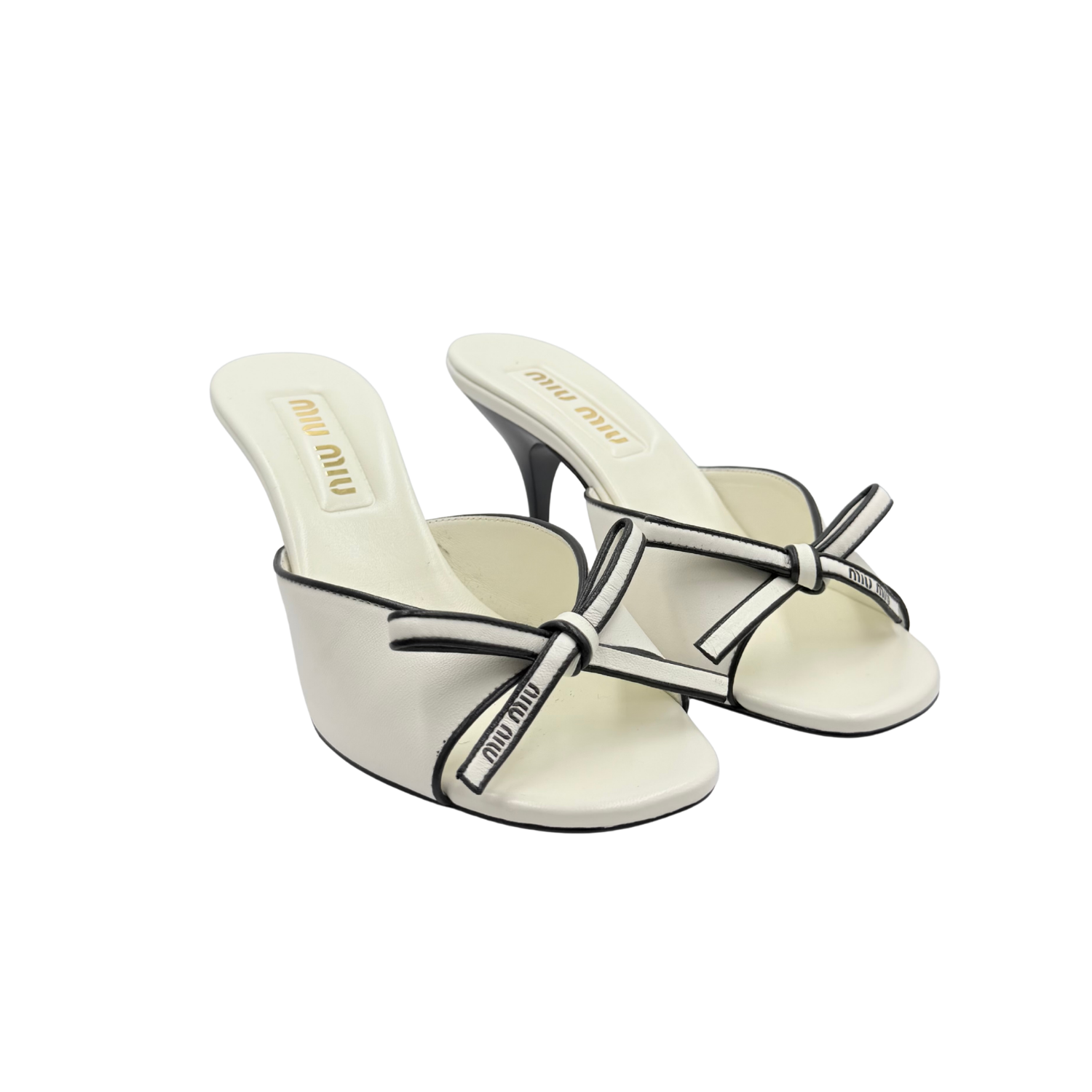 Miu Miu Nappa Leather Bow Mule Sandals Cream Size 37.5