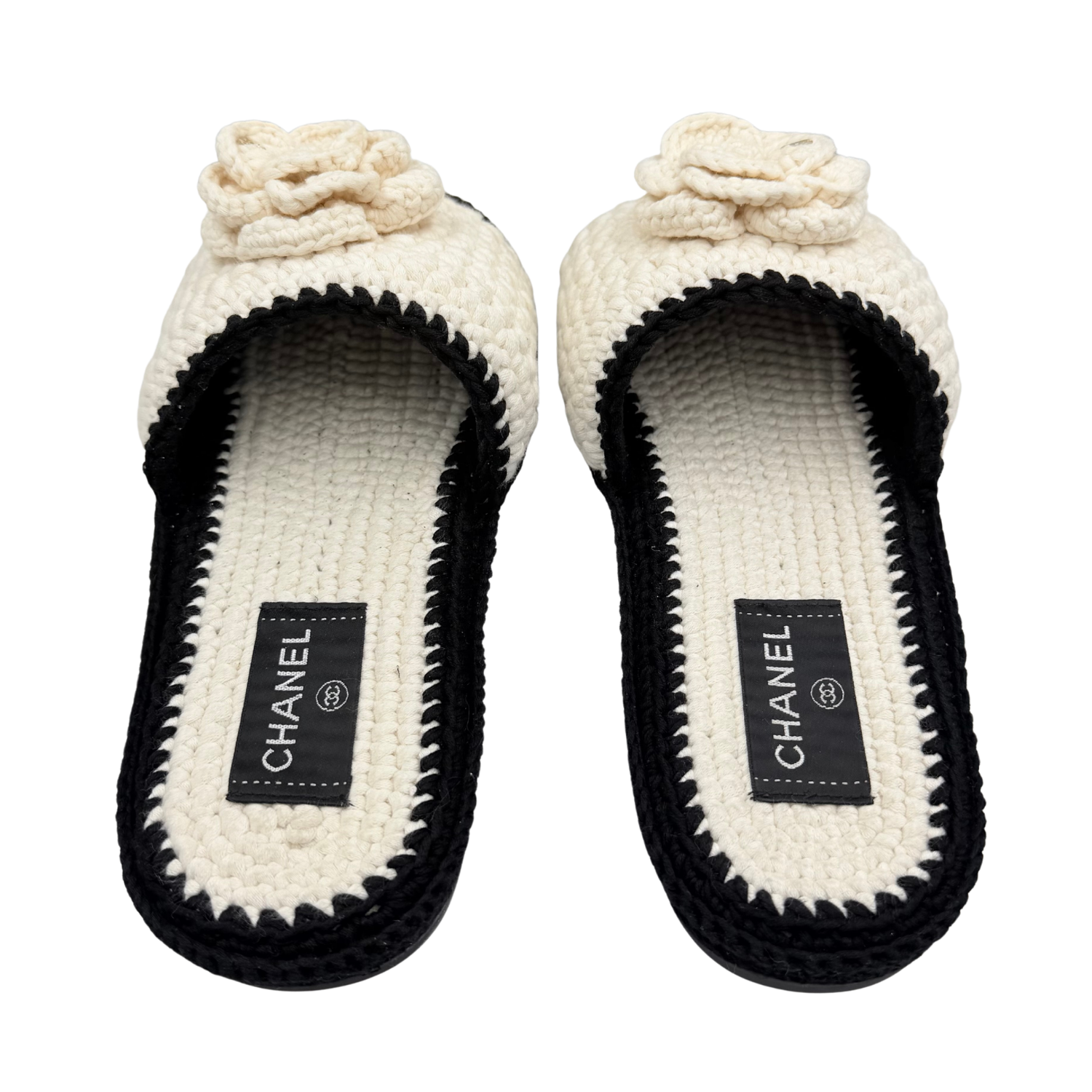 Chanel Crochet Interlocking CC Macrome Camelia Slides Cream