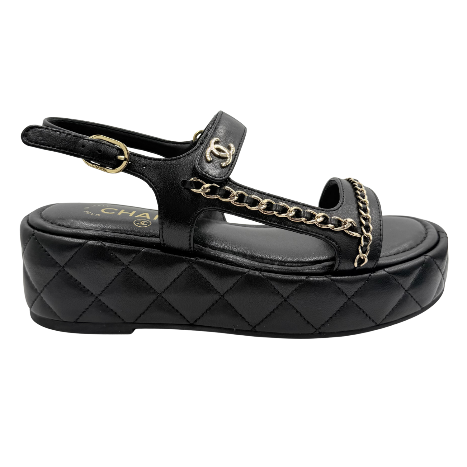 Chanel Lambskin Quilted Chain CC Platform Sandals Black Size 37