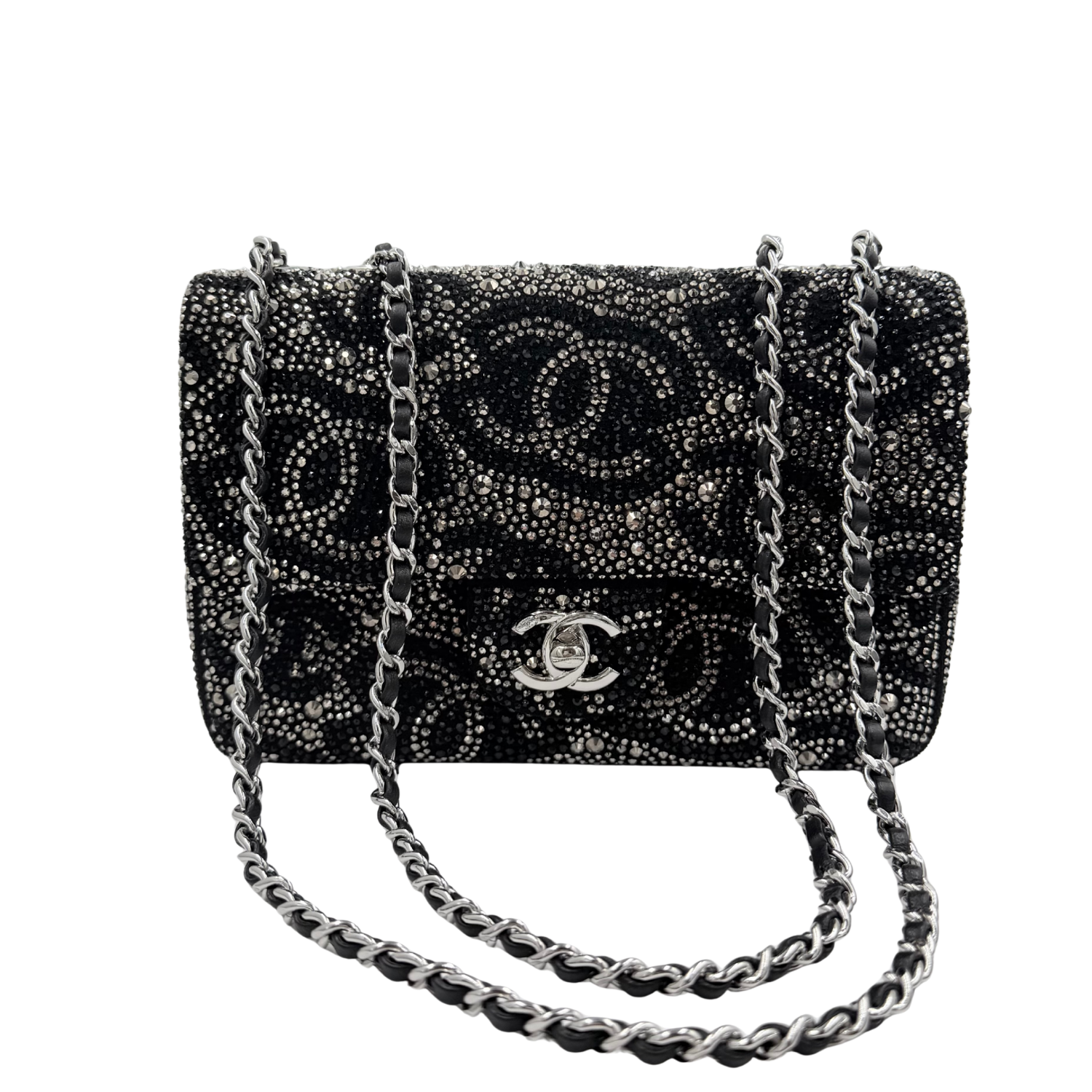 Chanel Satin Diamante CC Logo Small Flap Ruthenium Black