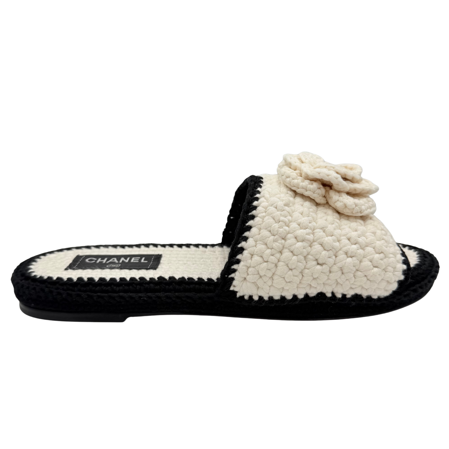 Chanel Crochet Interlocking CC Macrome Camelia Slides Cream