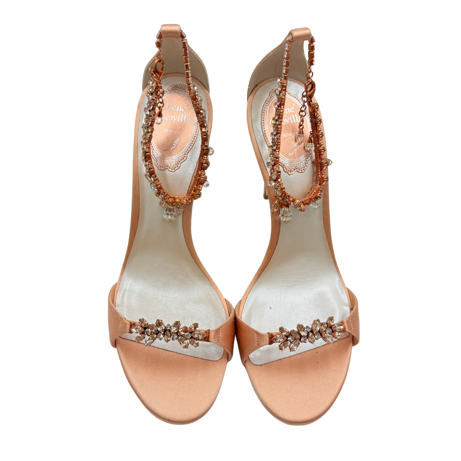 Rene Caovilla Anklet Crystal Embellished Sateen 105mm Heeled Sandals Peach