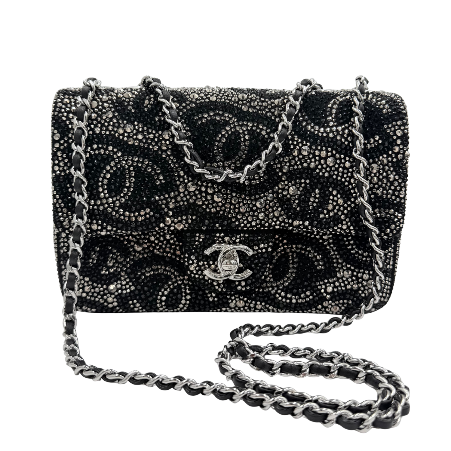 Chanel Satin Diamante CC Logo Small Flap Ruthenium Black
