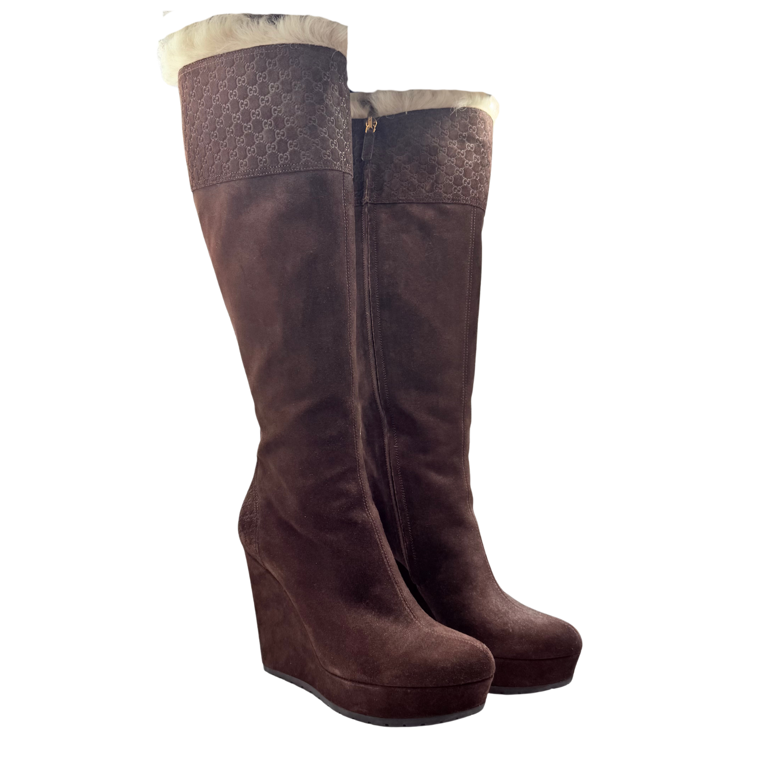 Gucci Shearling Printed Knee High Boots Brown