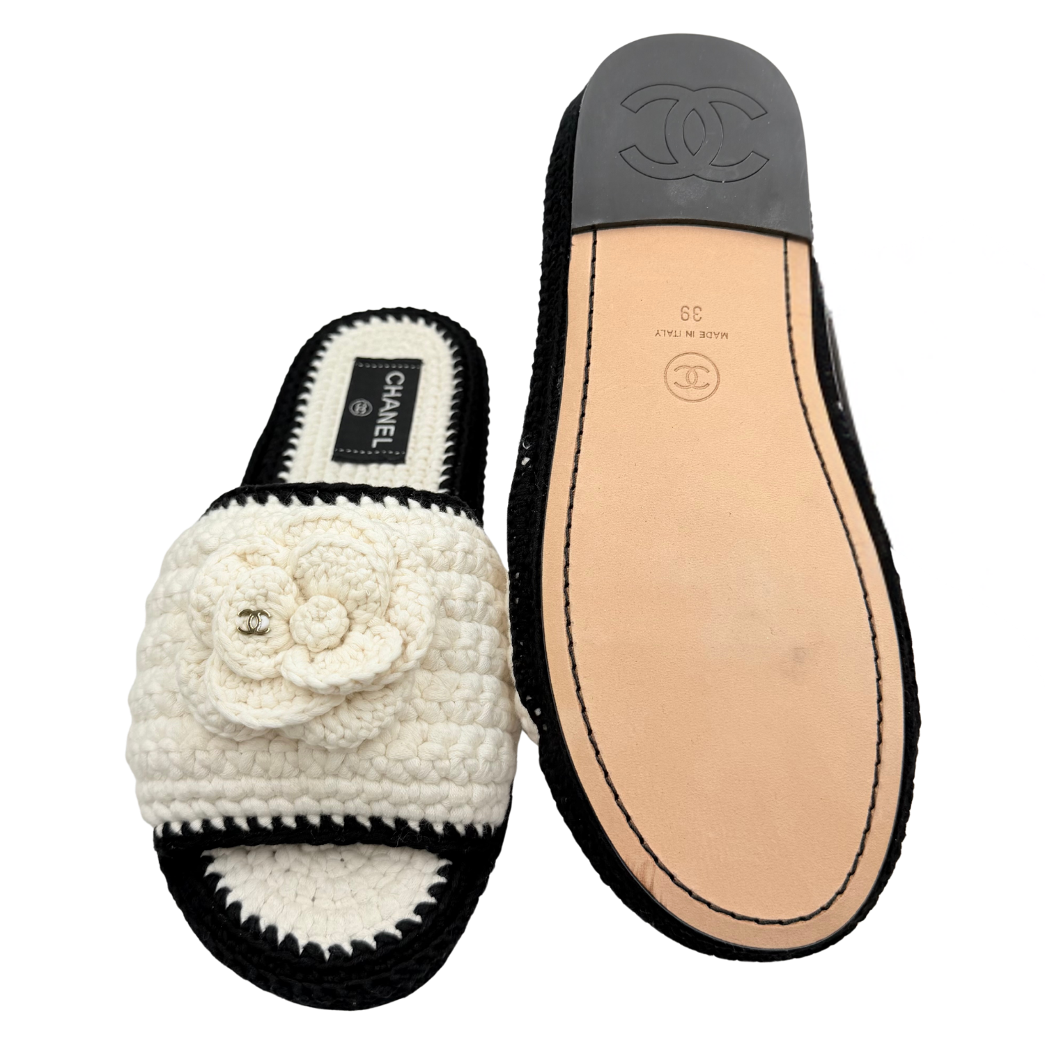 Chanel Crochet Interlocking CC Macrome Camelia Slides Cream