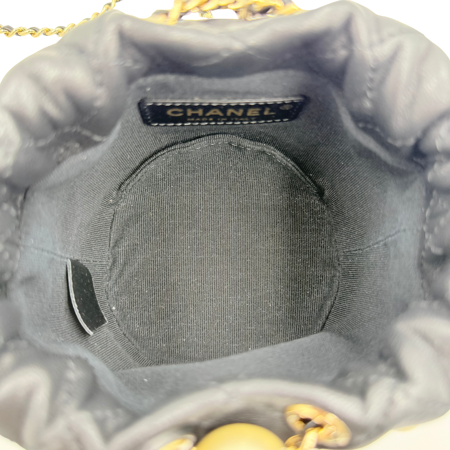 Chanel Quilted Lambskin Bucket Bag with Pearls Pale Gold Hardware Black