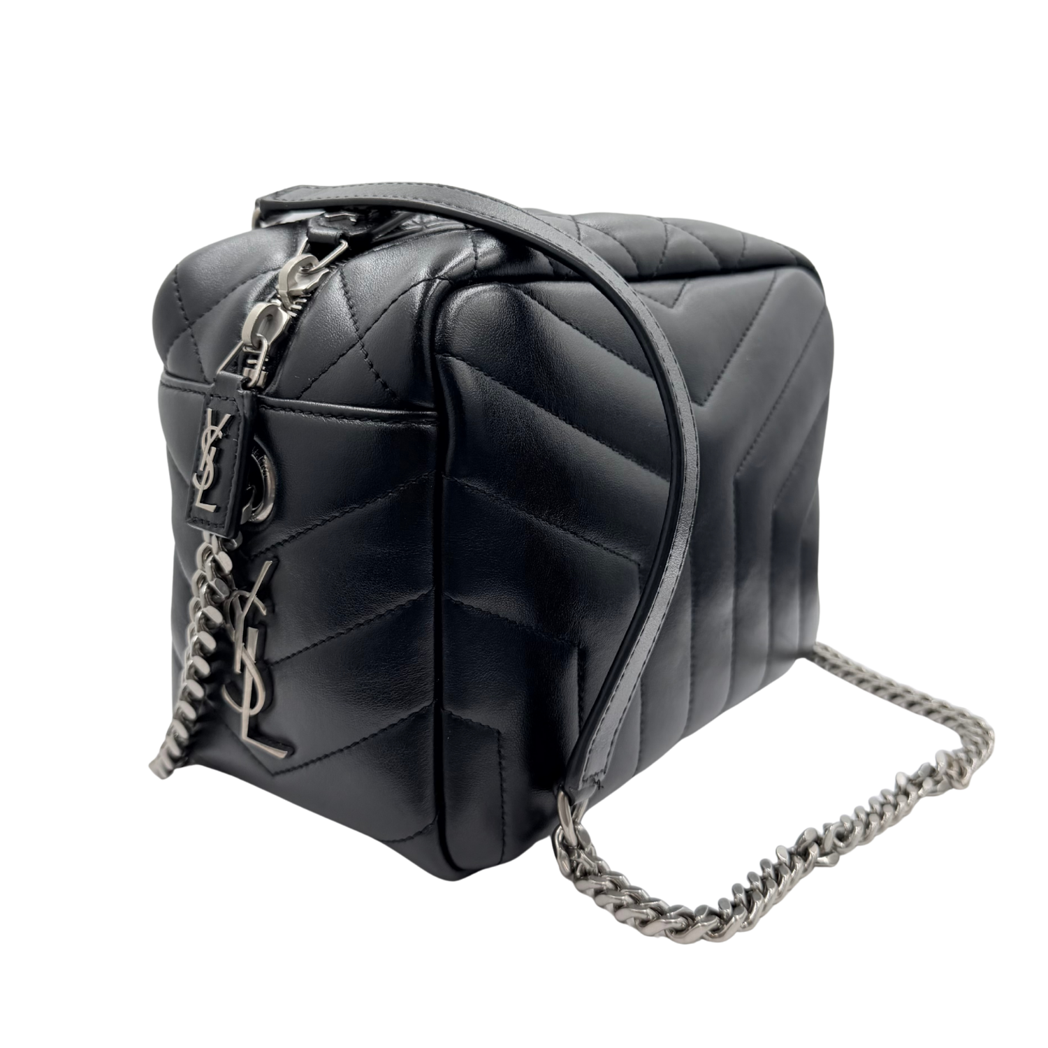 Yves Saint Laurent Calfskin Y Quilted Monogram Medium Loulou Bowling Bag Black