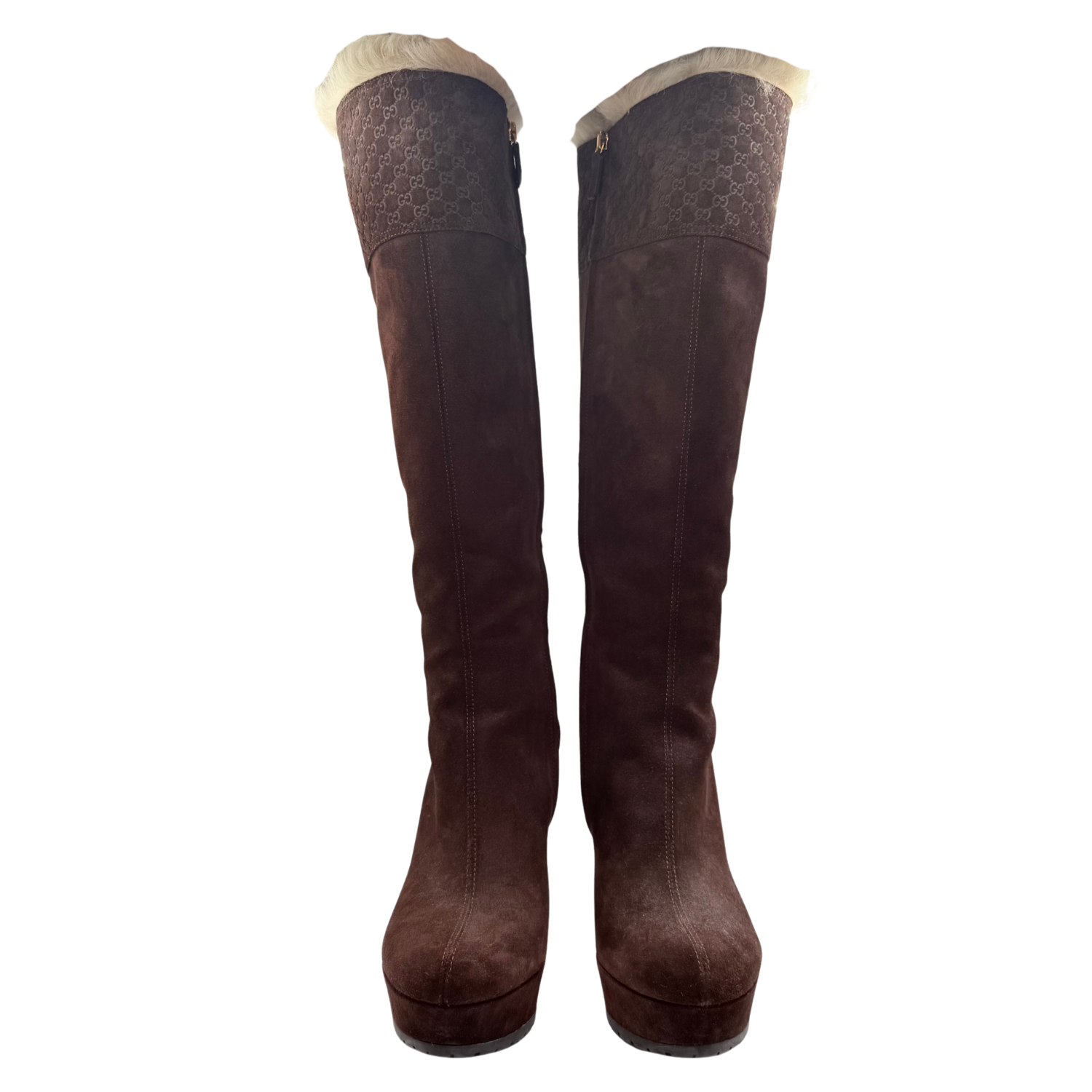 Gucci Shearling Printed Knee High Boots Brown