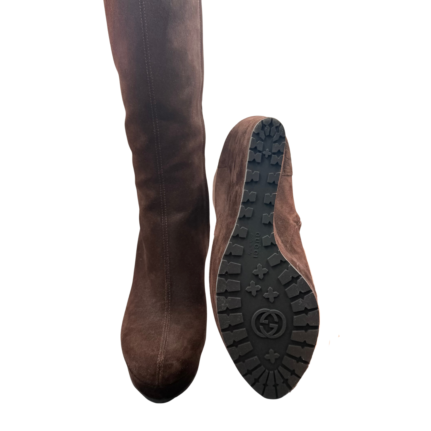 Gucci Shearling Printed Knee High Boots Brown