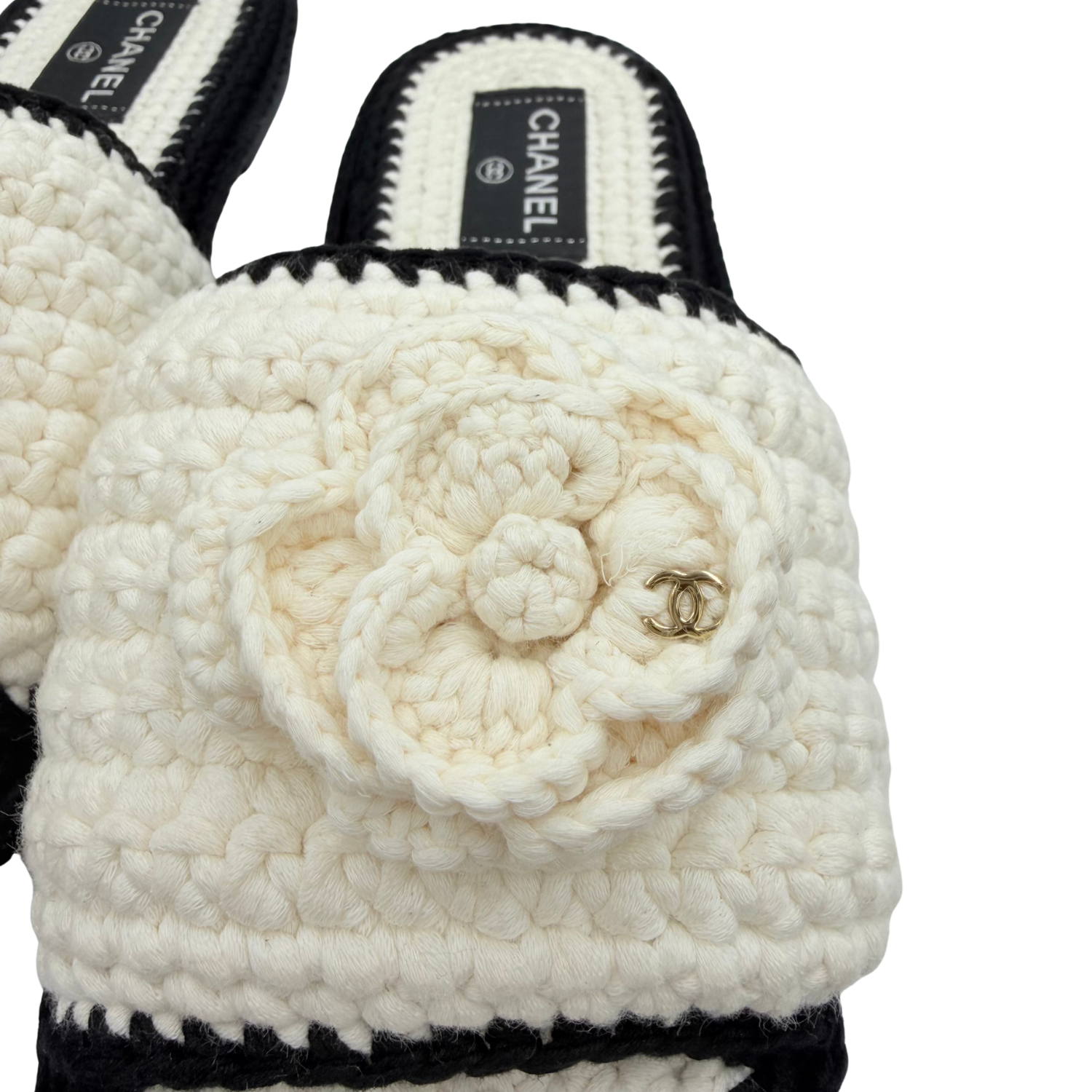 Chanel Crochet Interlocking CC Macrome Camelia Slides Cream