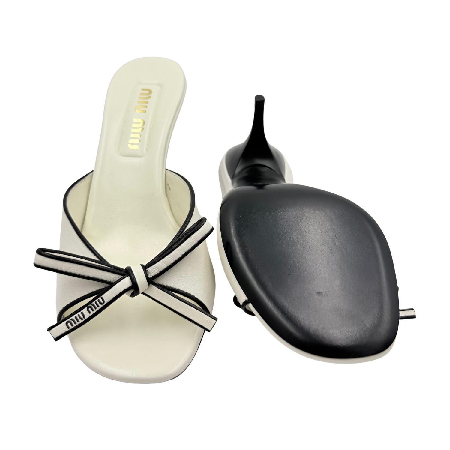 Miu Miu Nappa Leather Bow Mule Sandals Cream Size 37.5