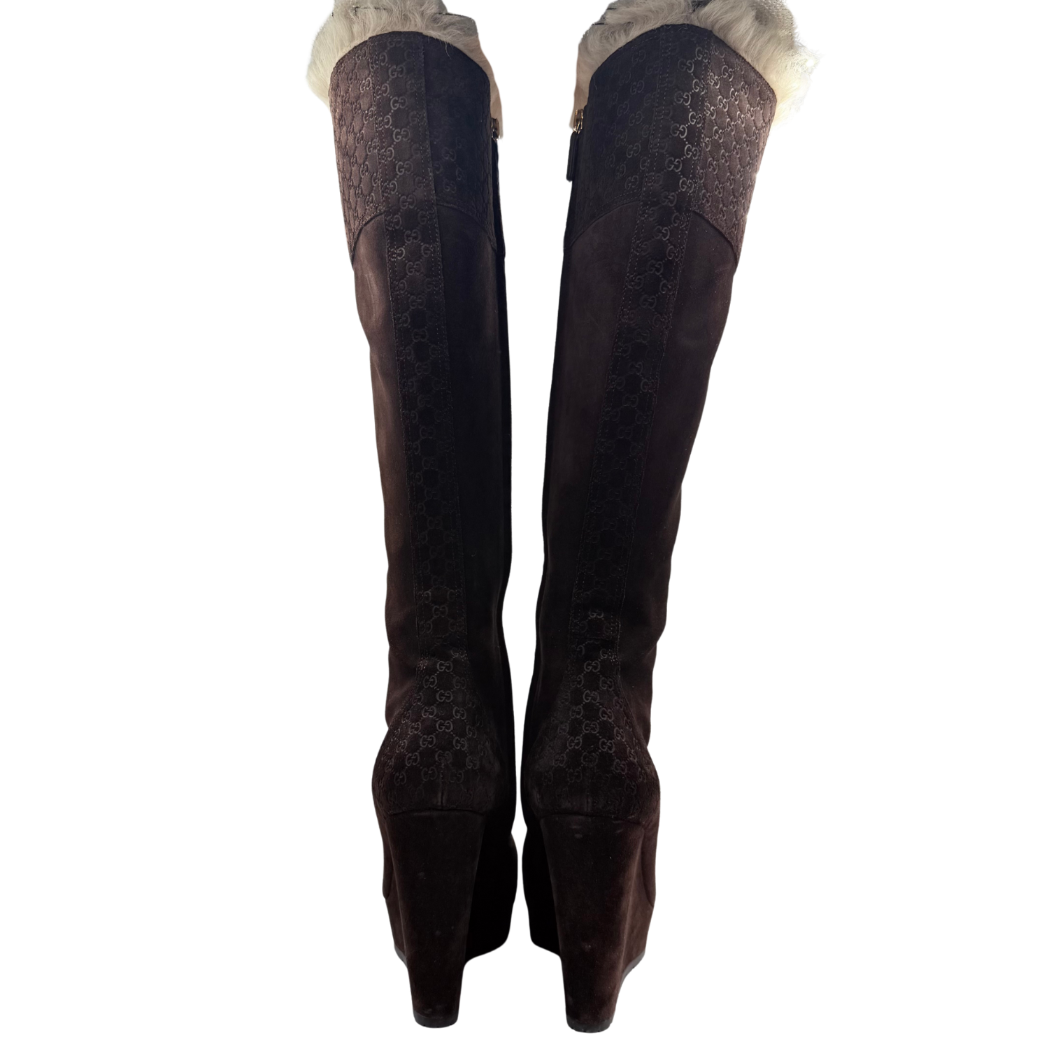 Gucci Shearling Printed Knee High Boots Brown