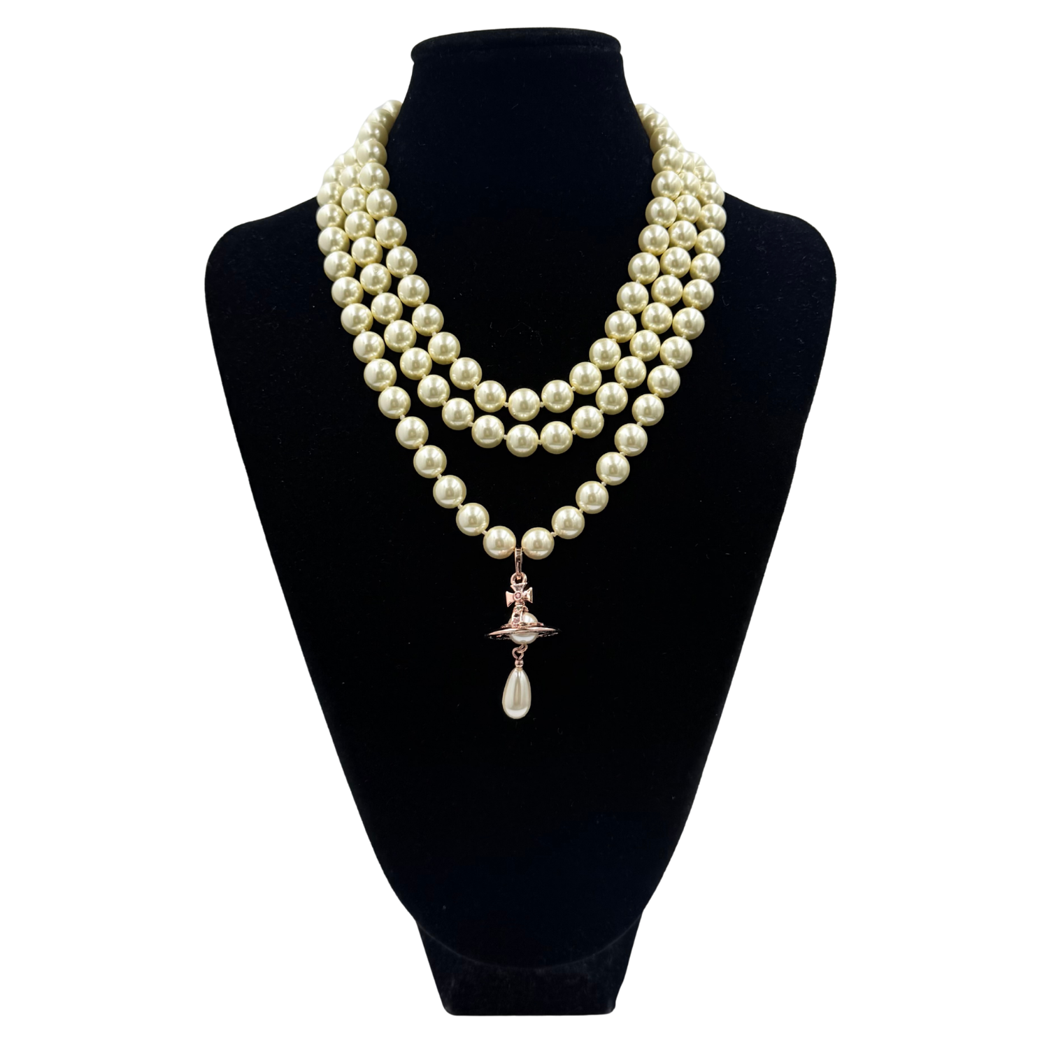 3 Row Pearl Choker Necklace with Rose Gold Disk