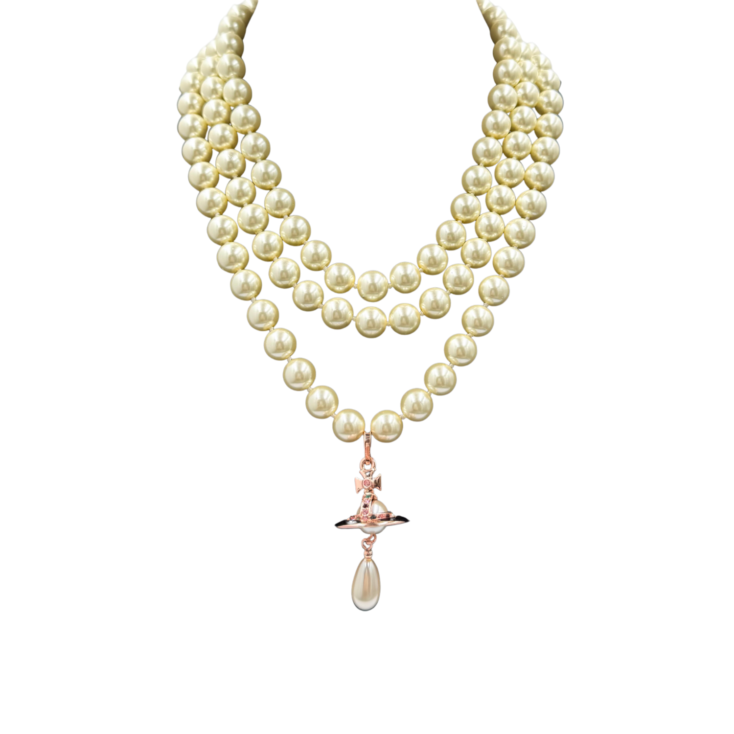 3 Row Pearl Choker Necklace with Rose Gold Disk
