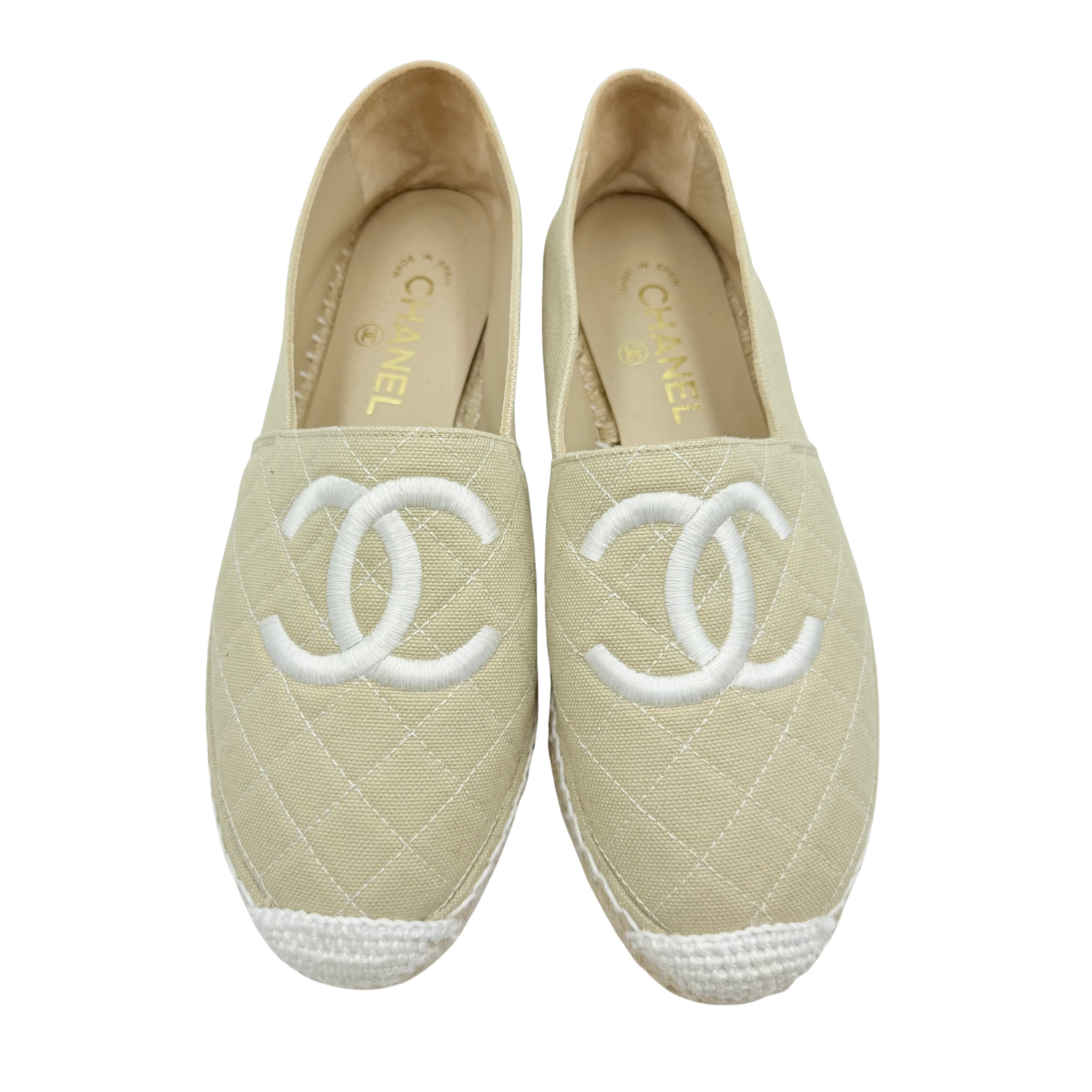 Chanel CC Fabric Biarritz Espadrilles White Beige