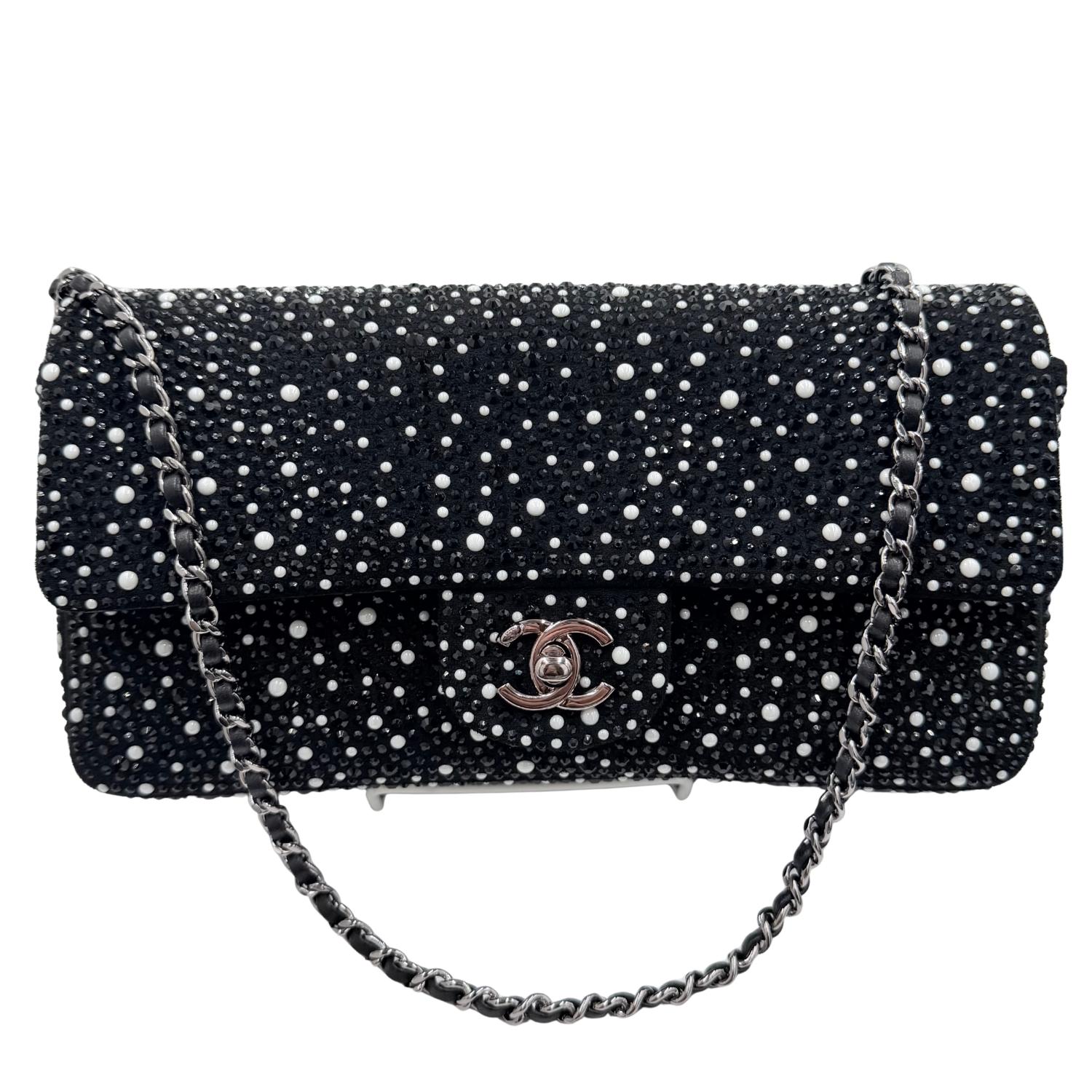 Chanel Limited Strass Crystal Pearls & Ruthenium Metal Shoulder Bag Black & White