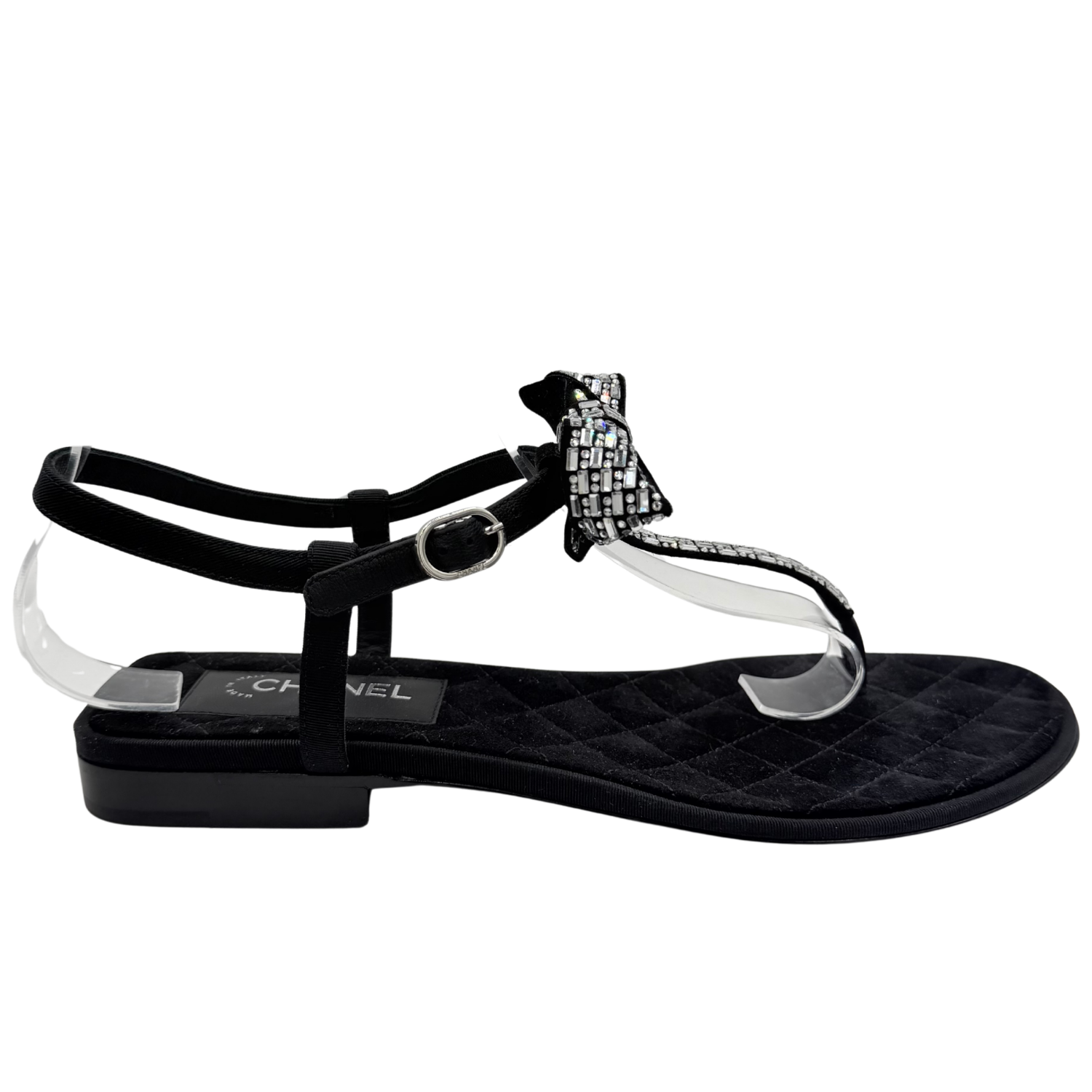 Chanel Crystal Embellished T-Strap Thong Sandals Black