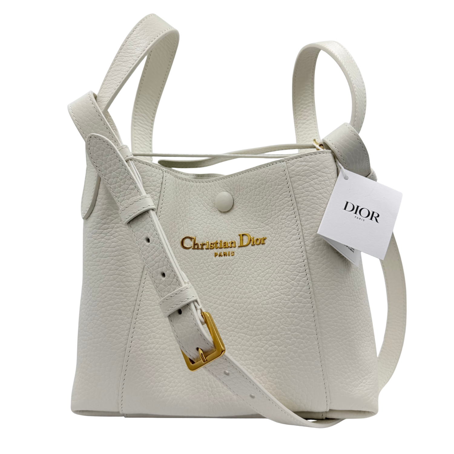 Christian Dior Small Leather Signature Bucket Bag Off White