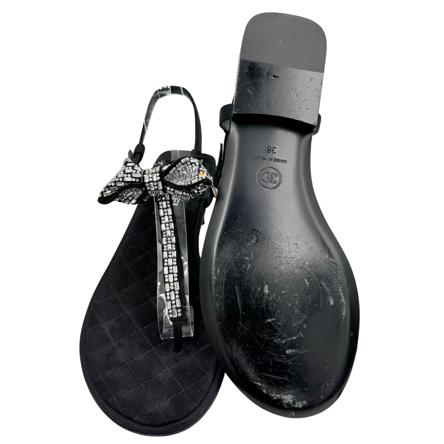 Chanel Crystal Embellished T-Strap Thong Sandals Black