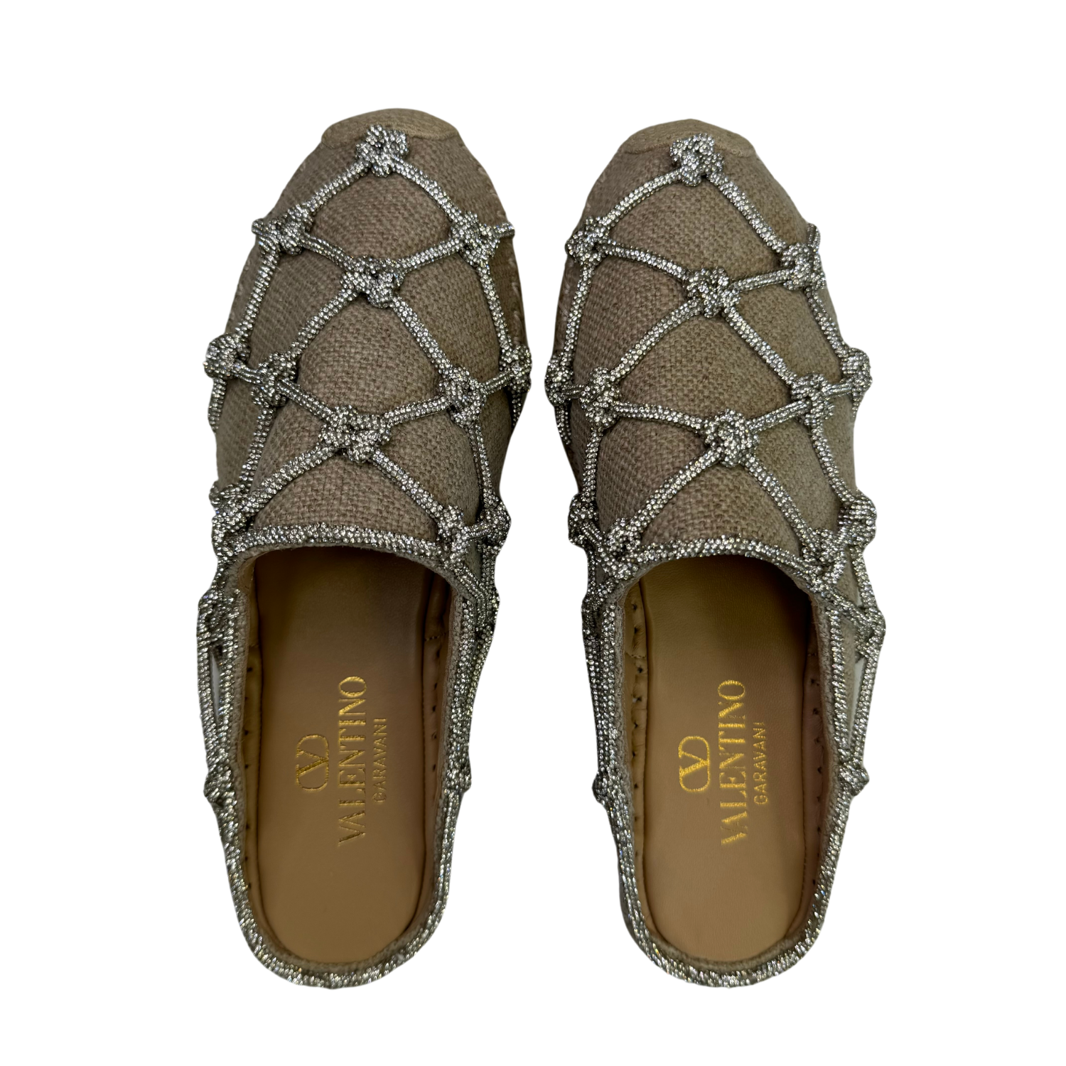 Valentino Resort Linen Mules with Crystal Mesh 15mm