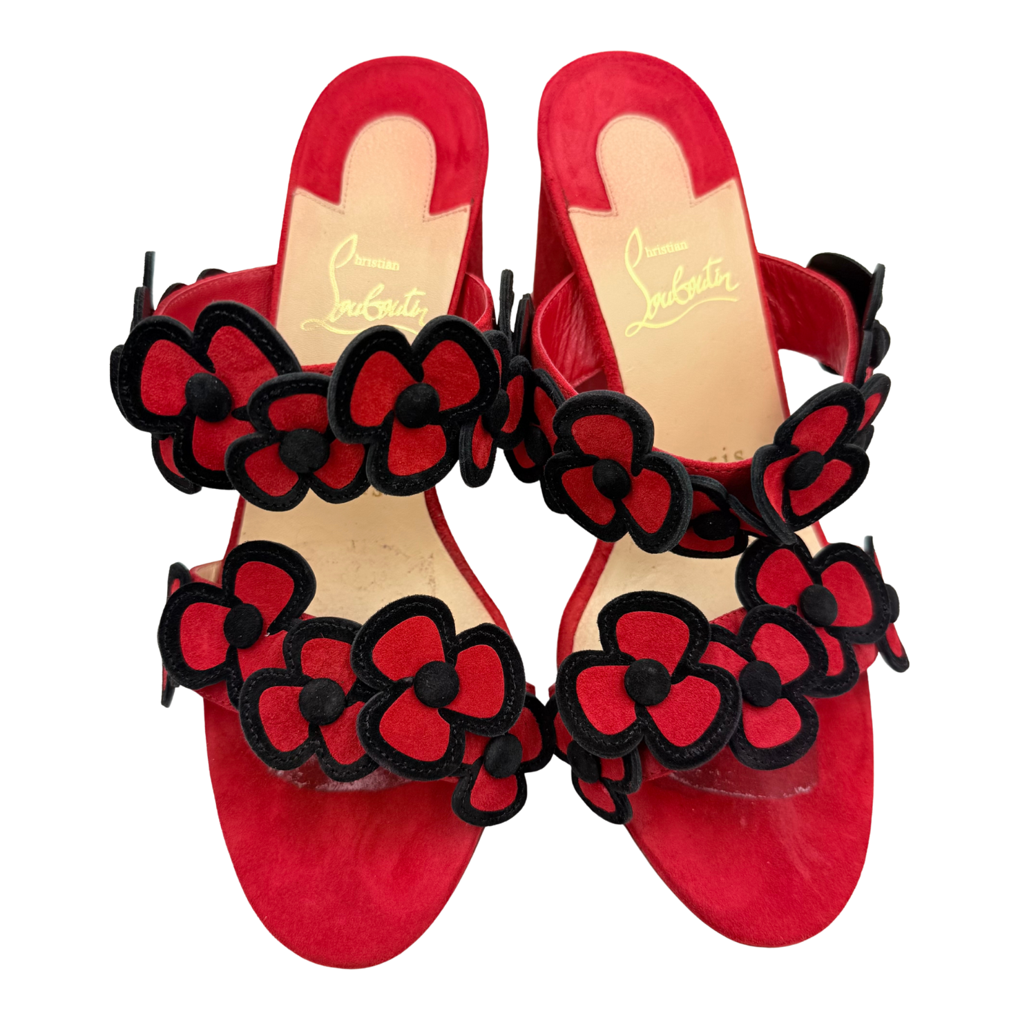 Christian Louboutin Suede Floral Print Heeled Slides Red