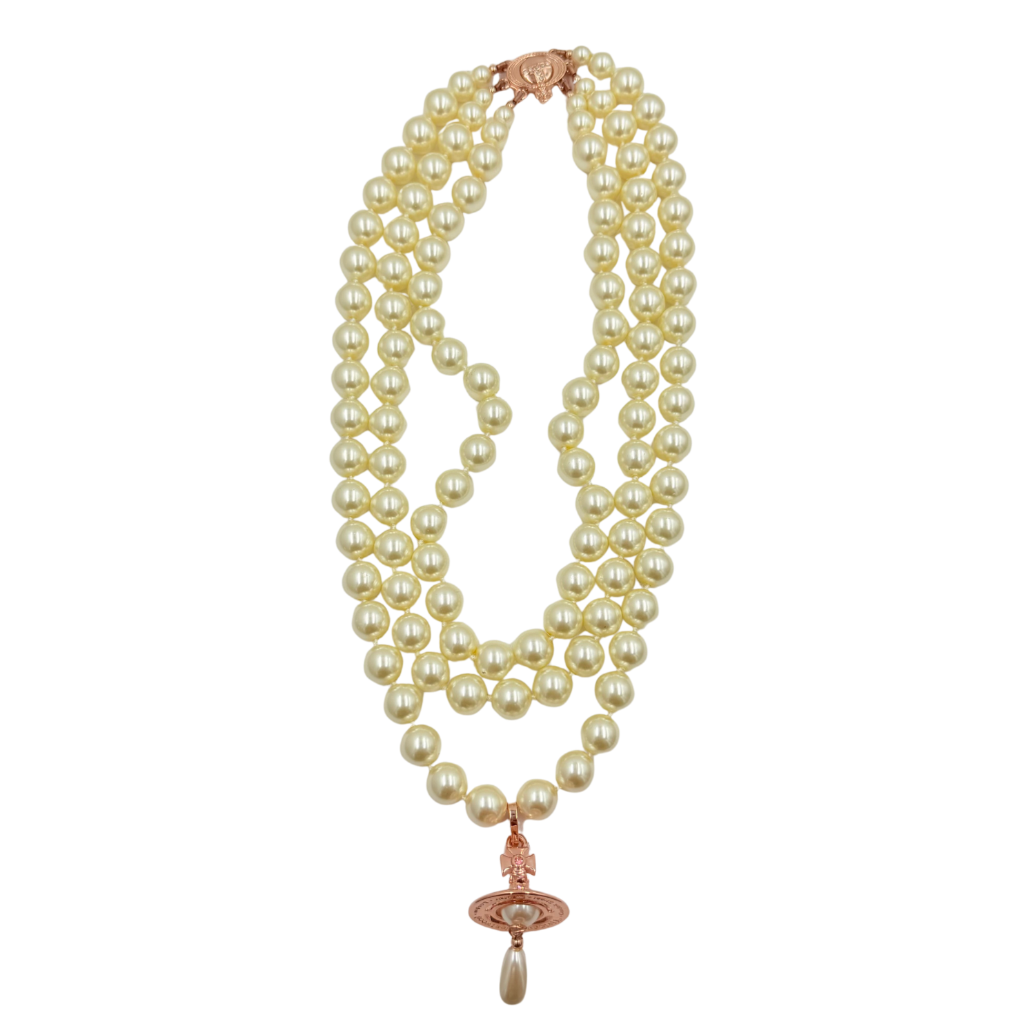3 Row Pearl Choker Necklace with Rose Gold Disk