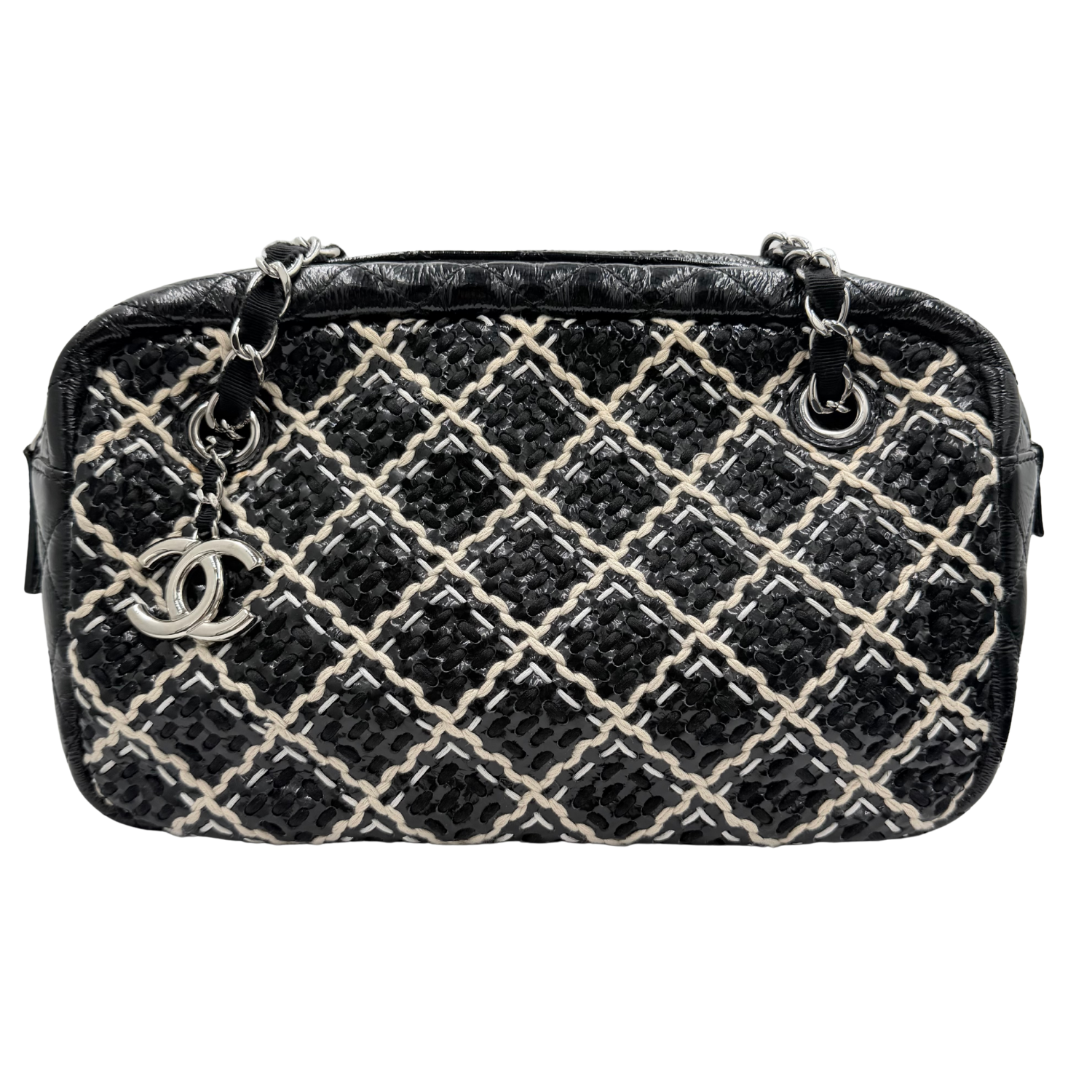 Chanel Camera Case Bag Diamond Woven Stitch Patent Leather Medium Black