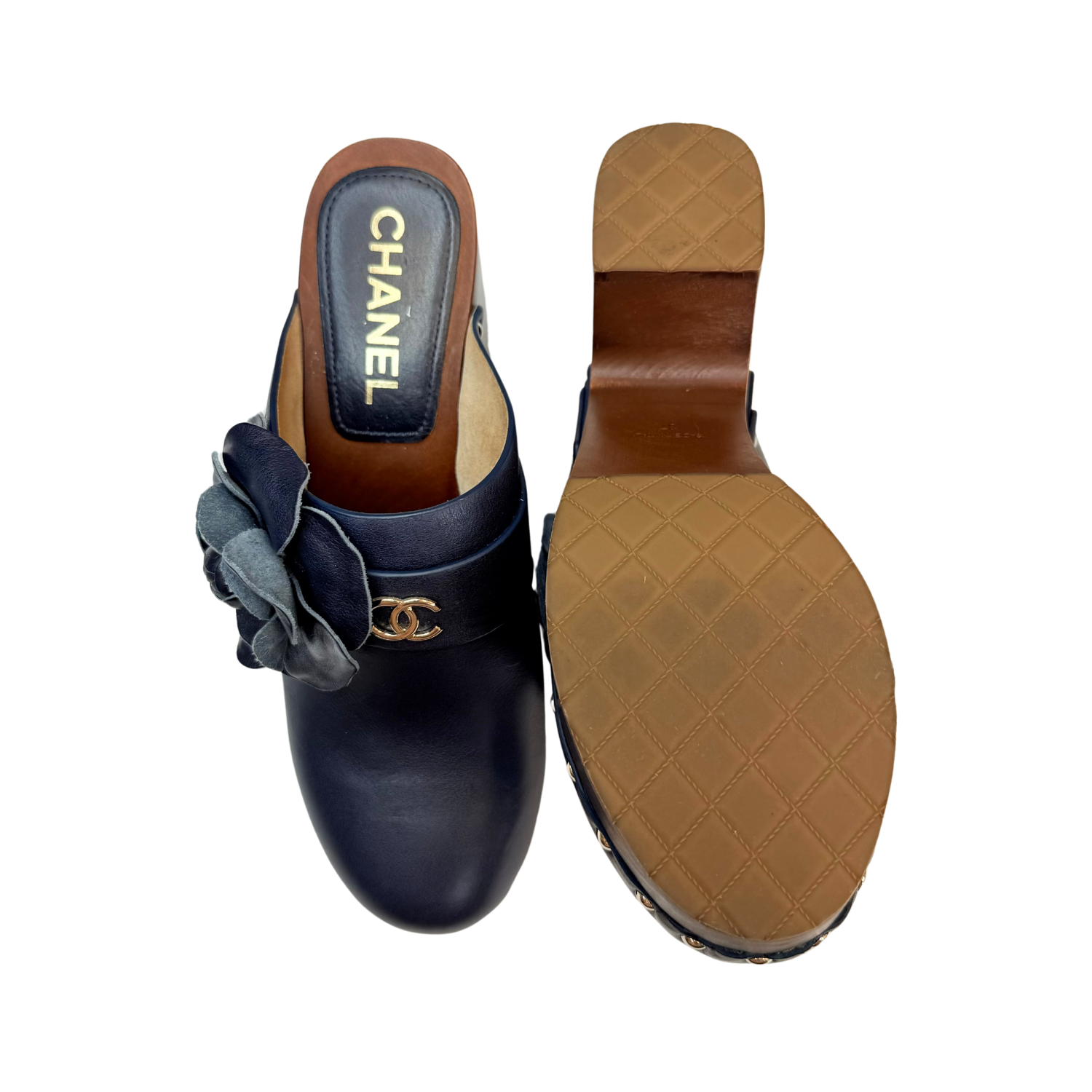 Chanel Calfskin Camellia Clogs Navy