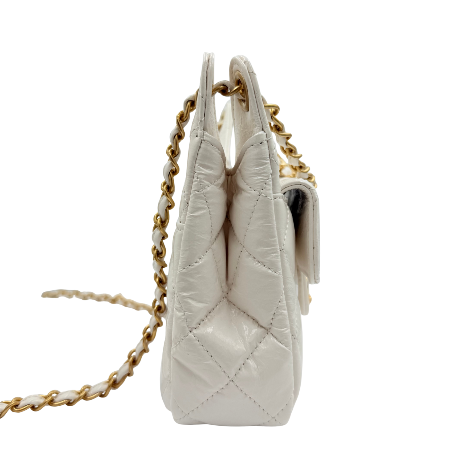 Chanel CC Small Shiny Crumpled Quilted Calfskin Wavy Hobo Bag White