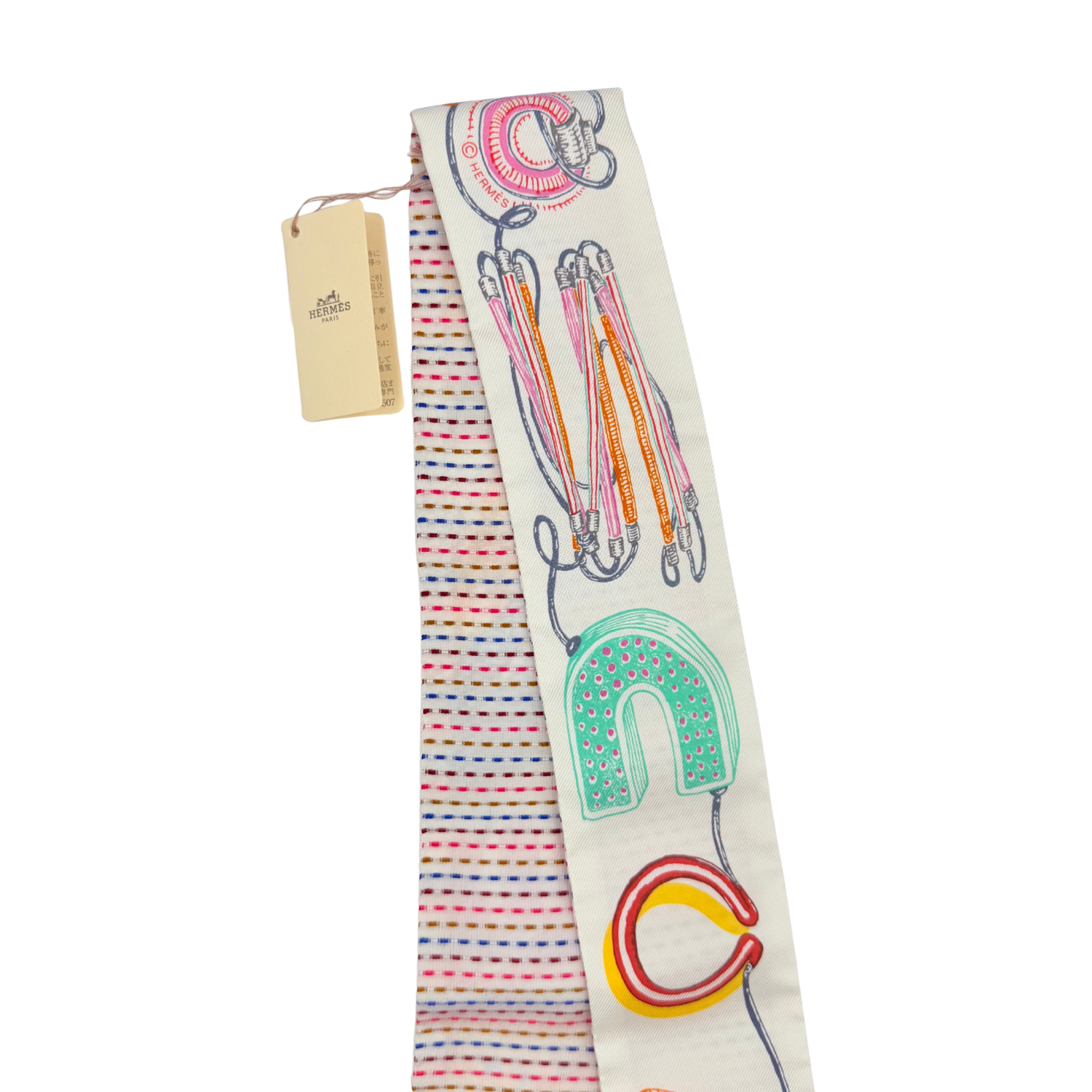 "Chevaloscope Pointille" White Silk Twilly Pair