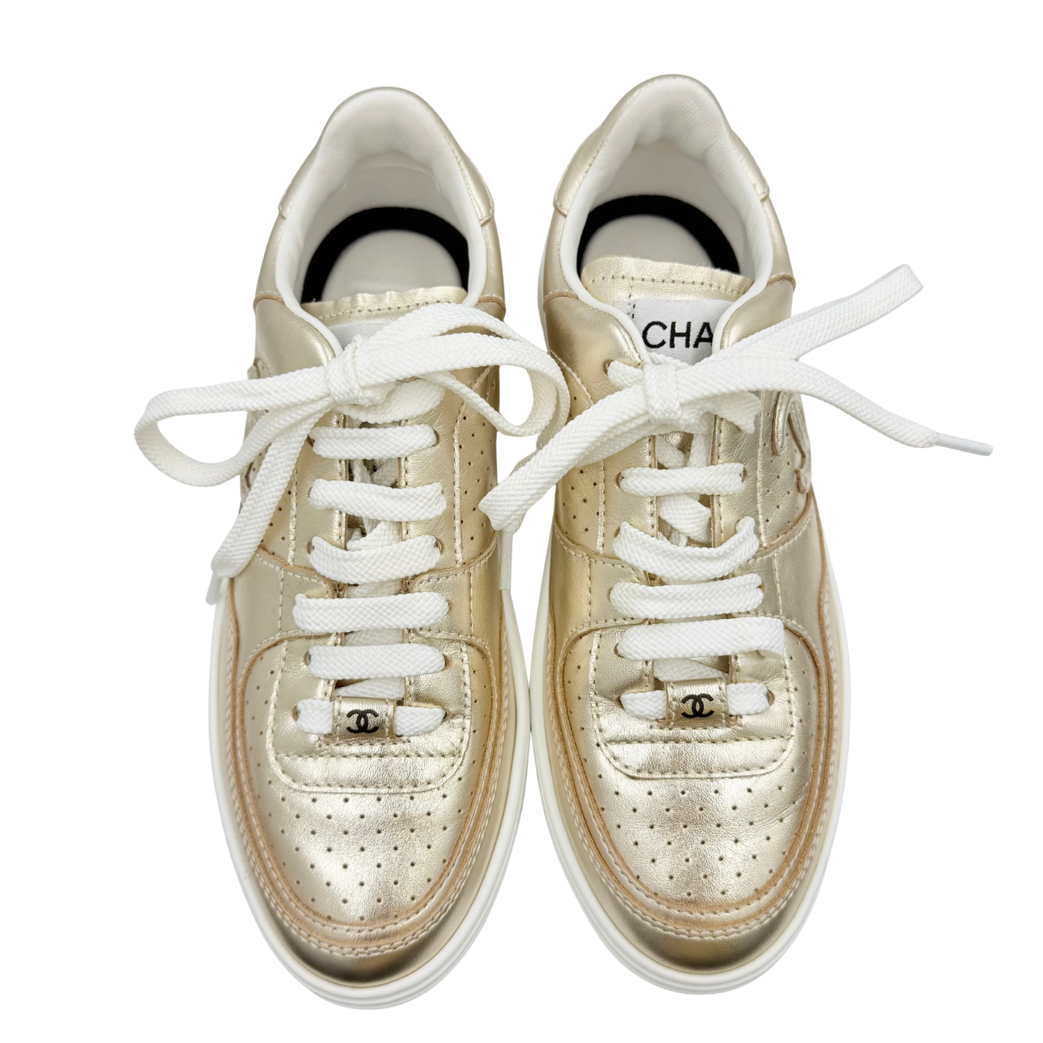 Chanel CC Laminated Calfskin Low Top Sneakers Gold