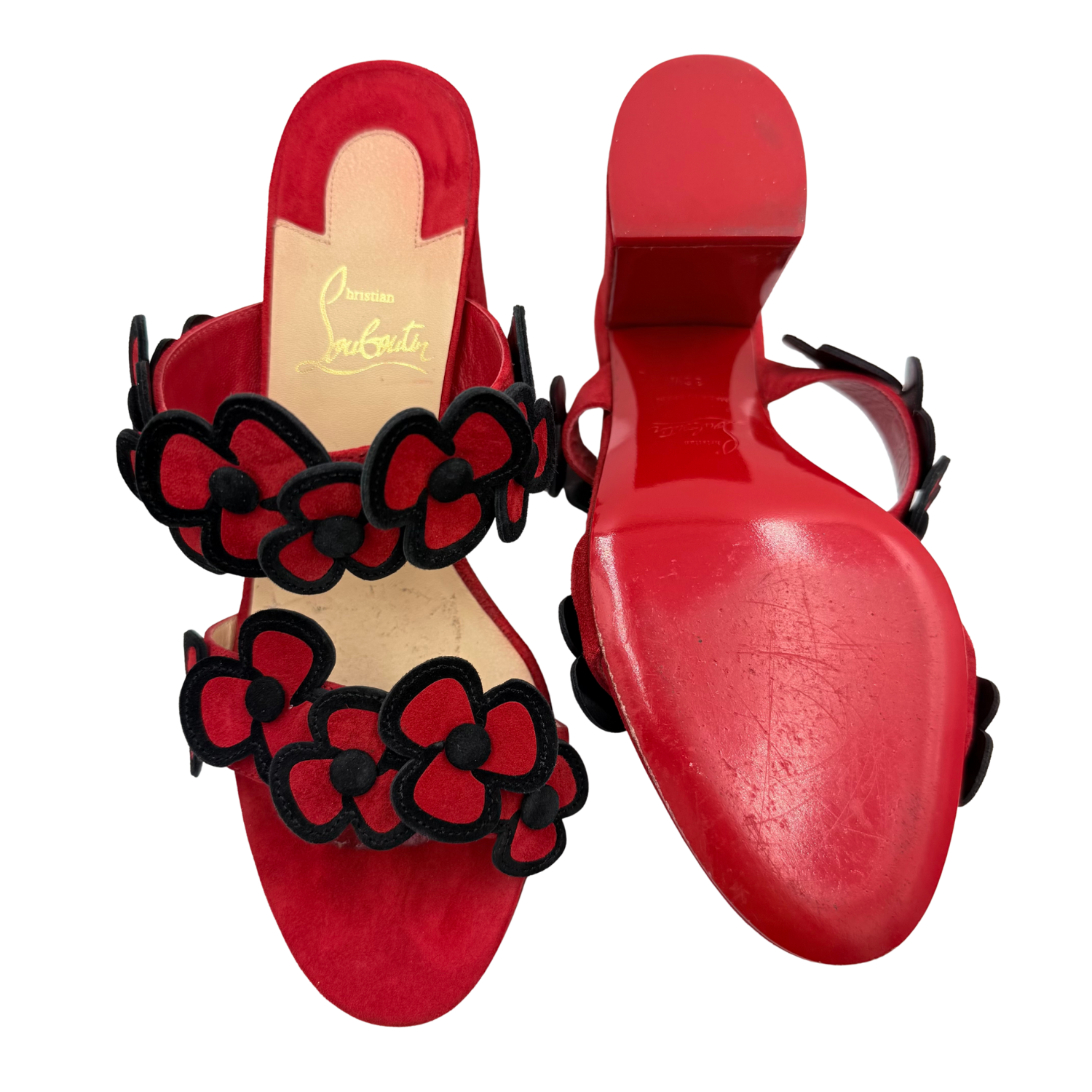 Christian Louboutin Suede Floral Print Heeled Slides Red