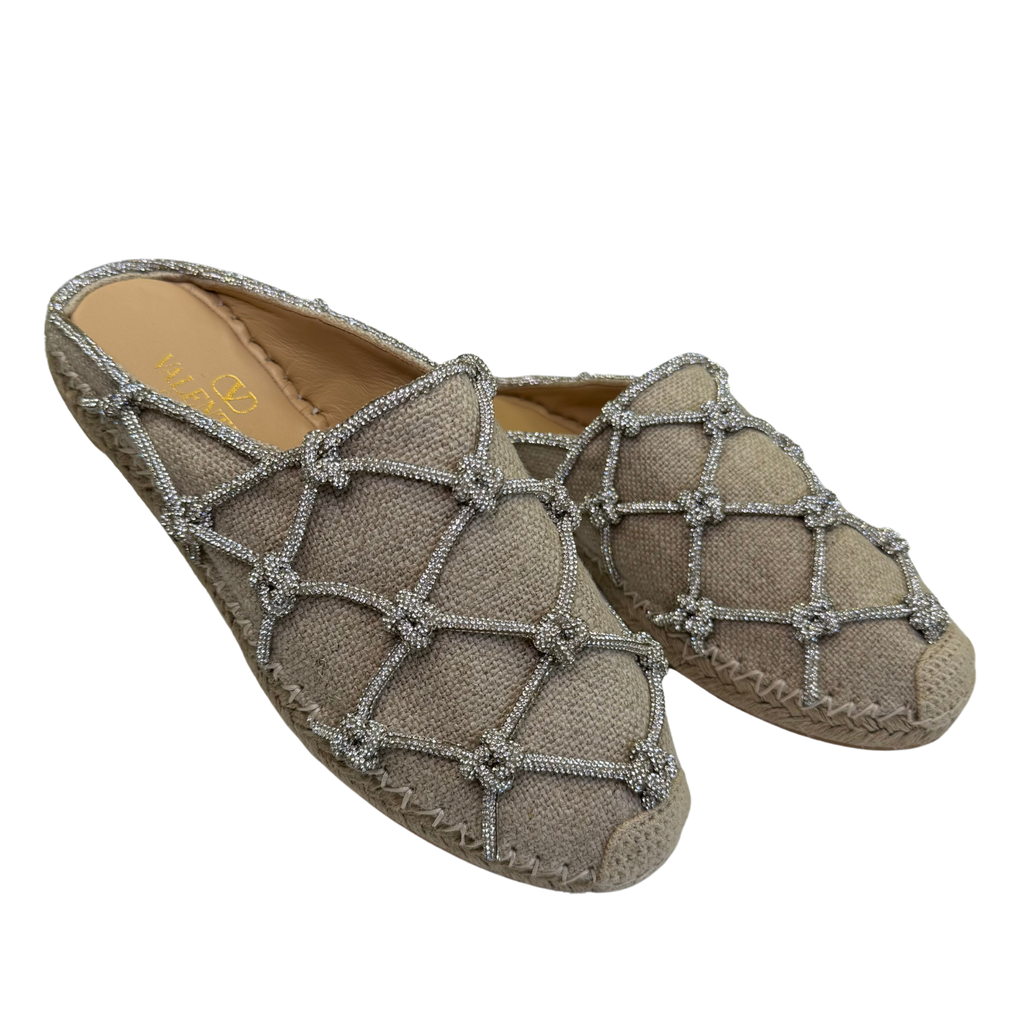 【正規品】Linen Blend Crystal Mules Valentino Resort Linen Mules with Crystal Mesh 15mm