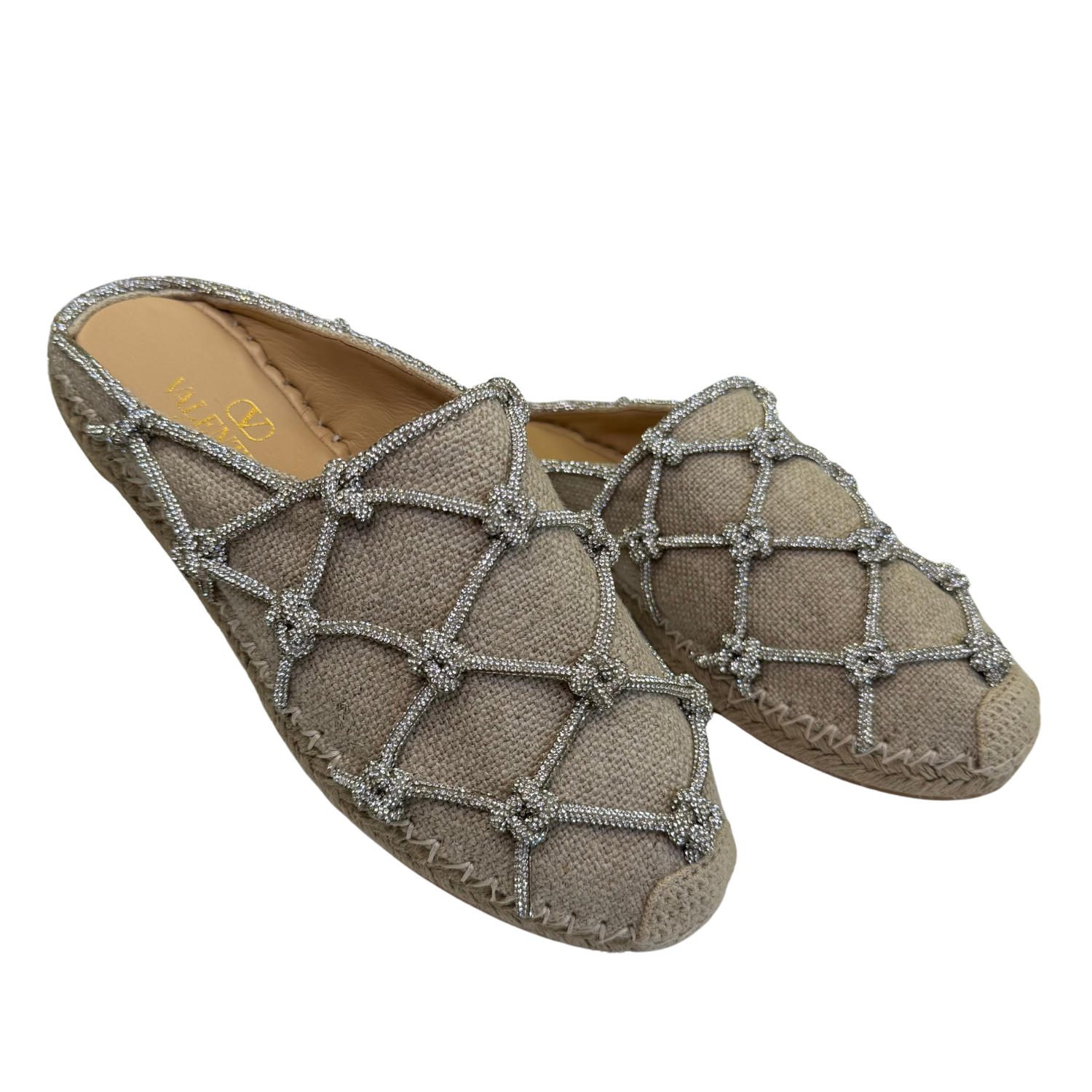 Valentino Resort Linen Mules with Crystal Mesh 15mm