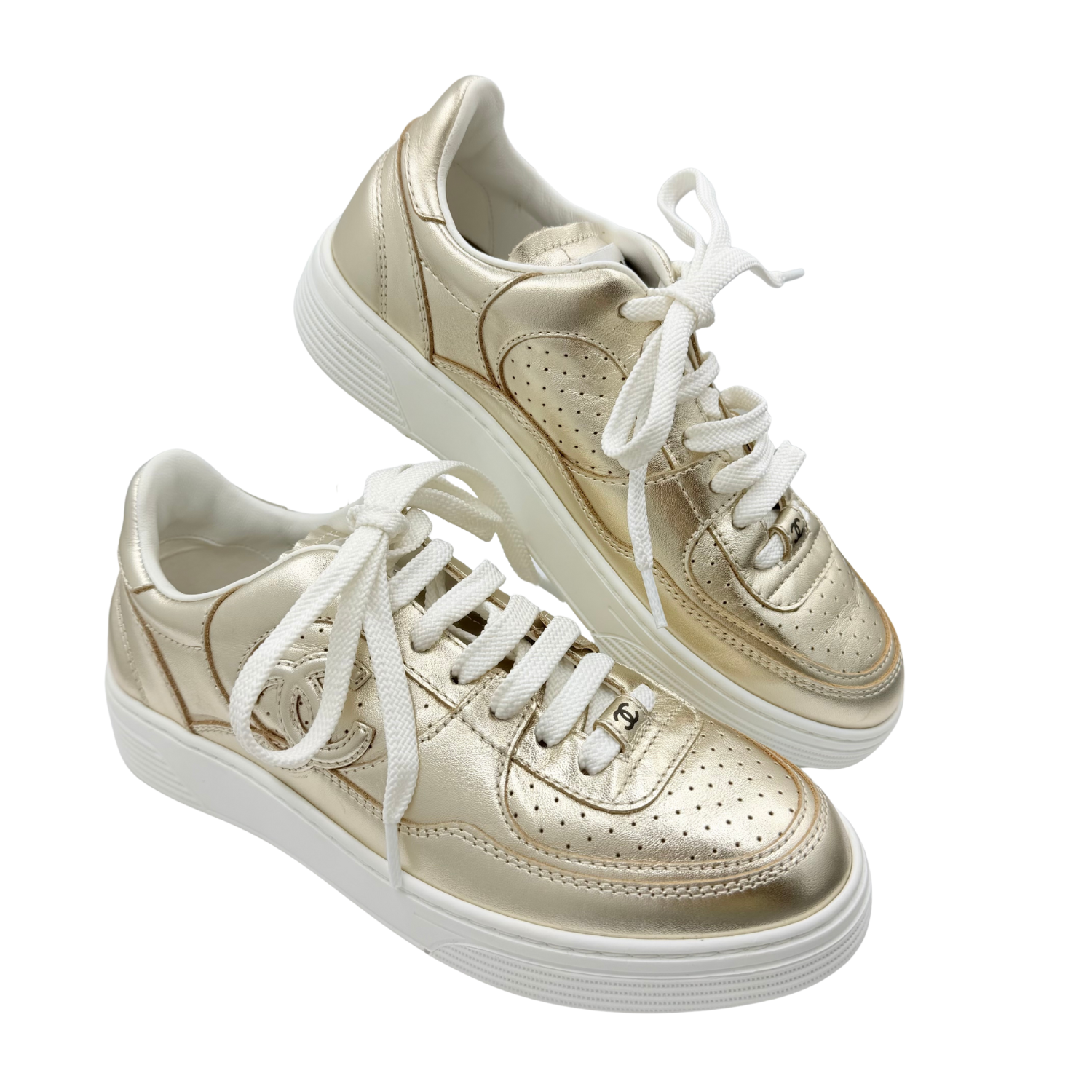 Chanel CC Laminated Calfskin Low Top Sneakers Gold