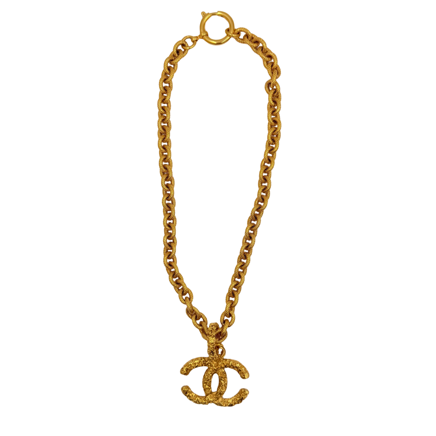 Chanel Vintage 24K Gold Plated Lava CC Pendant Necklace