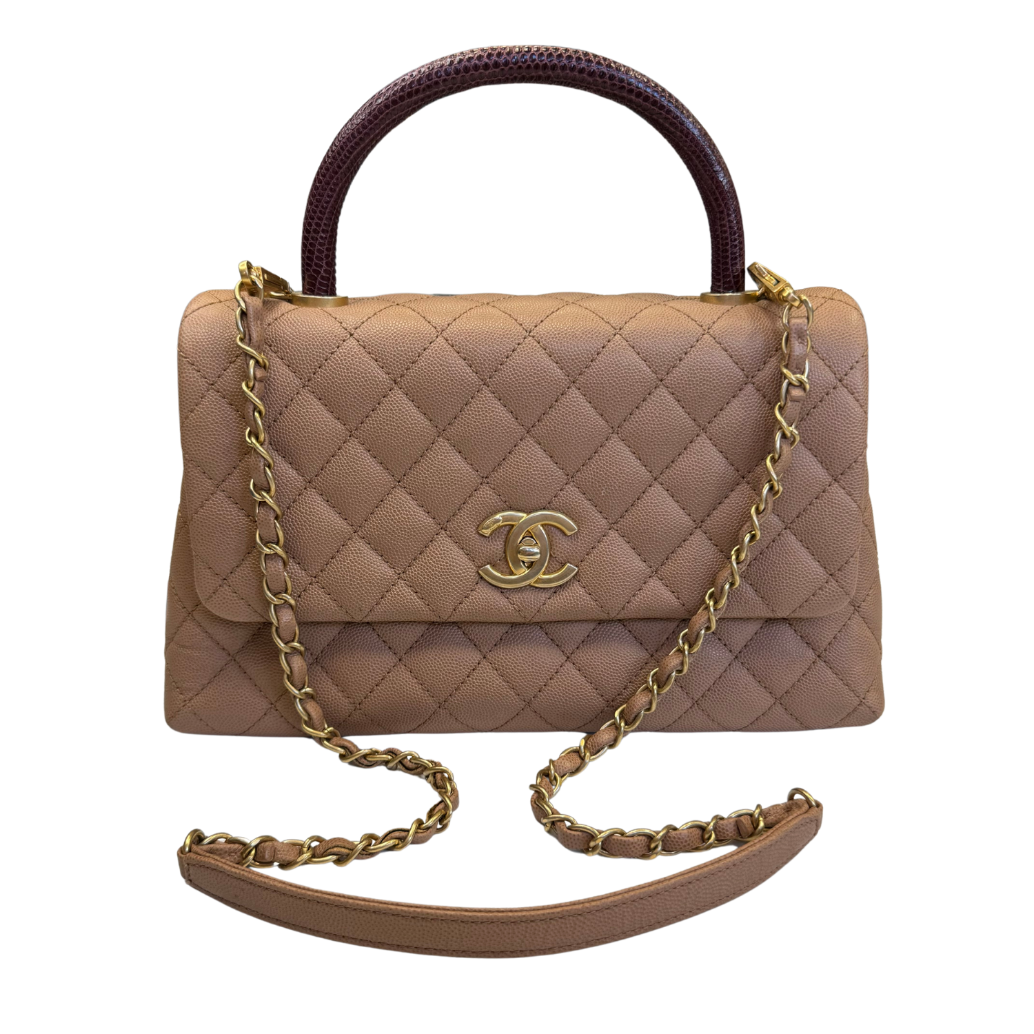 Chanel Medium Coco Lizard Skin Handle Bag Beige