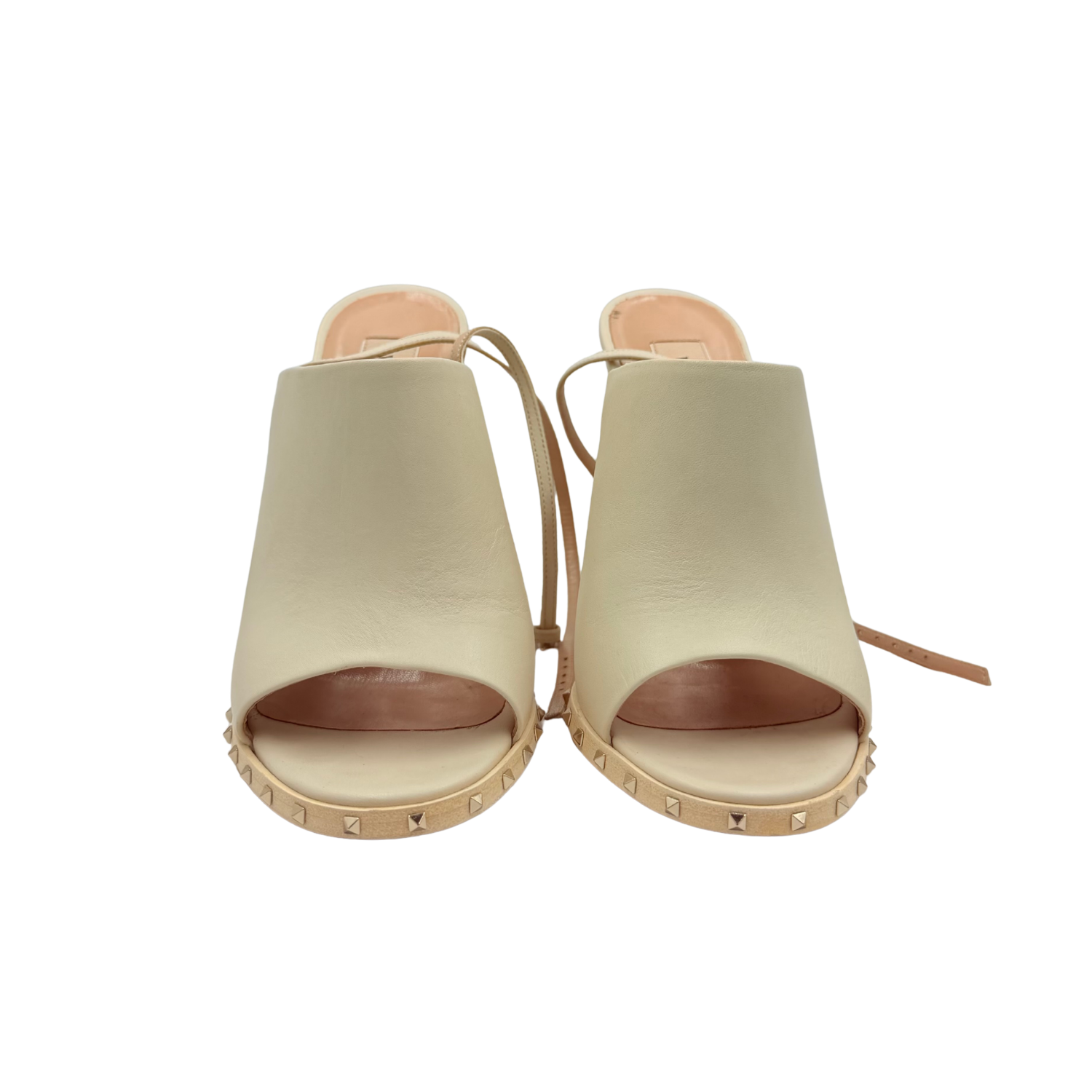 Valentino Garavani Atelier Rockstud Accents Leather Mules Cream Size 37