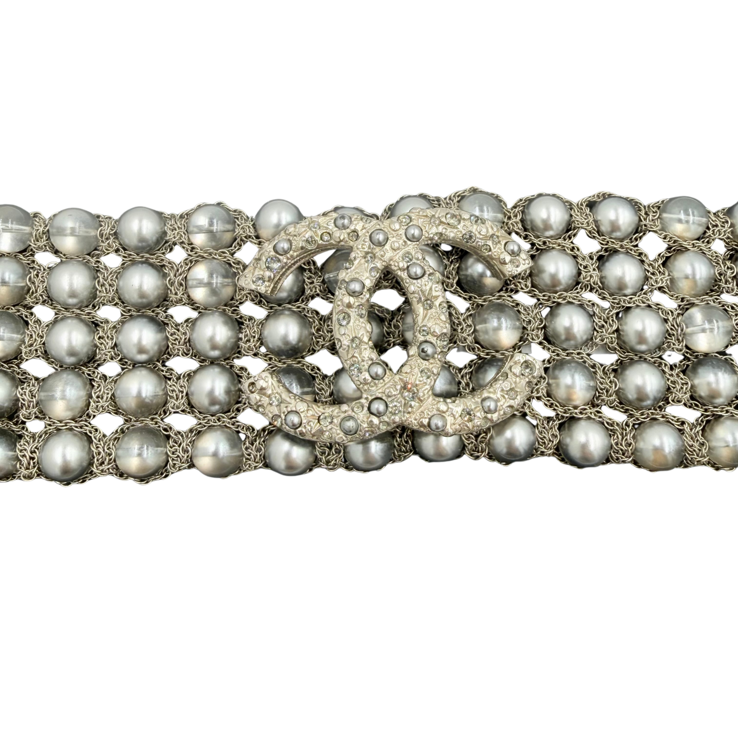 Chanel CC Triple Row Chain Rhinestone/Pearl Silver Bracelet