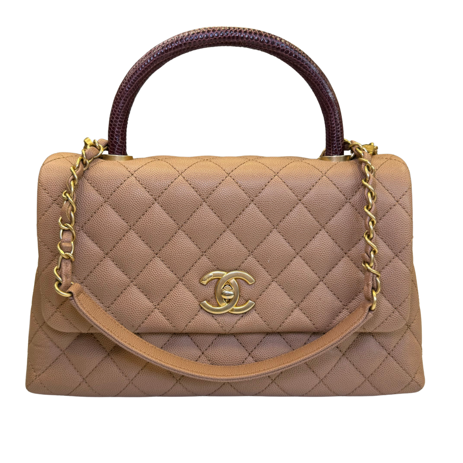 Chanel Medium Coco Lizard Skin Handle Bag Beige