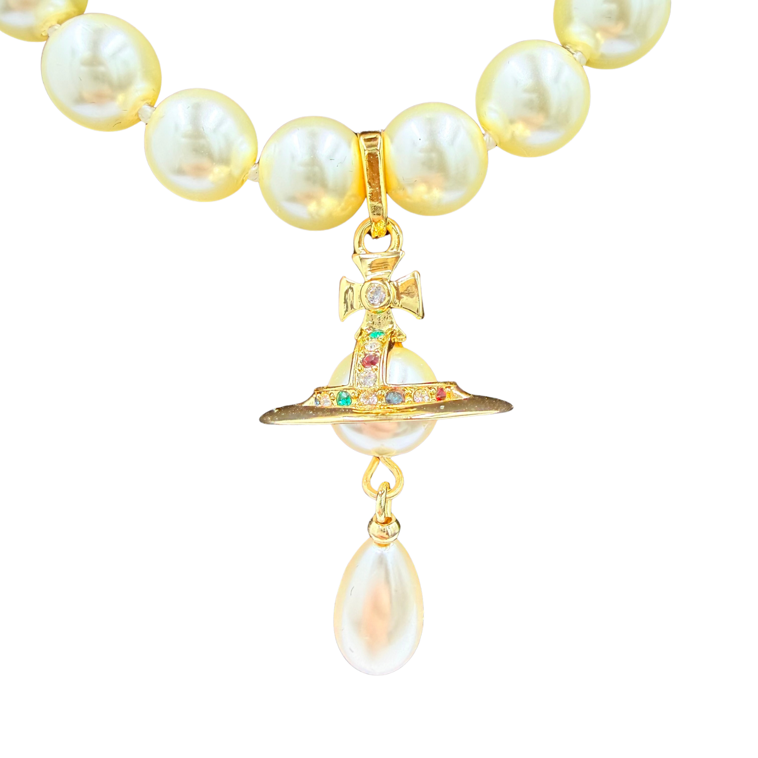 3 Row Pearl Choker Necklace with Gold Disk