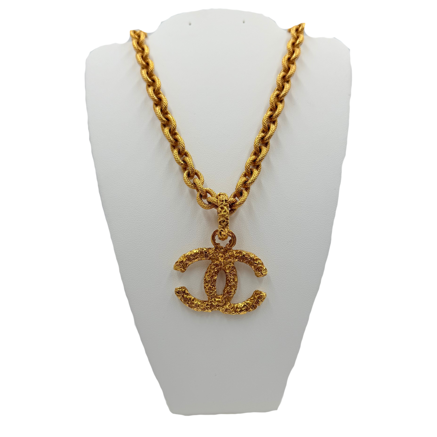 Chanel Vintage 24K Gold Plated Lava CC Pendant Necklace