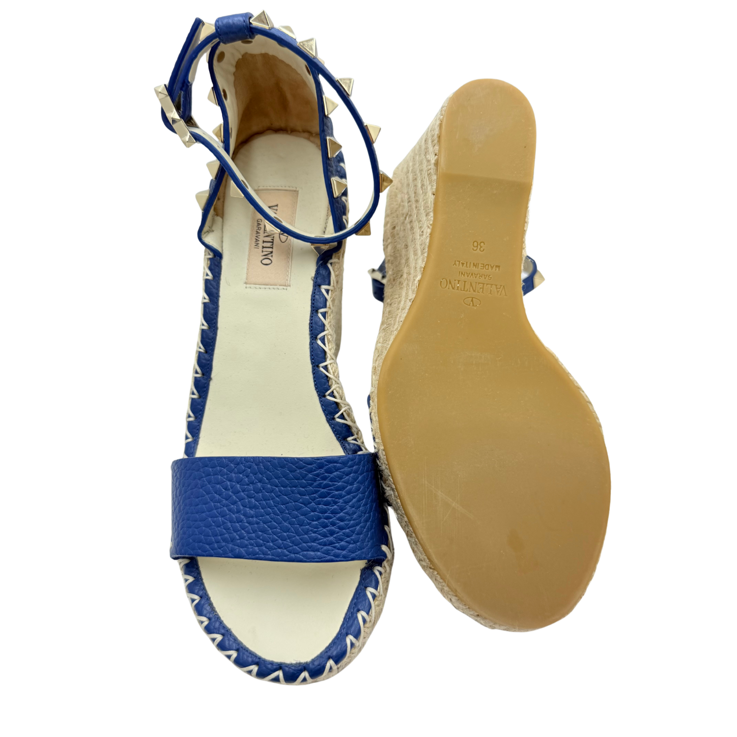 Valentino Rockstud Accents Leather Espadrille Wedge Sandals Royal Blue
